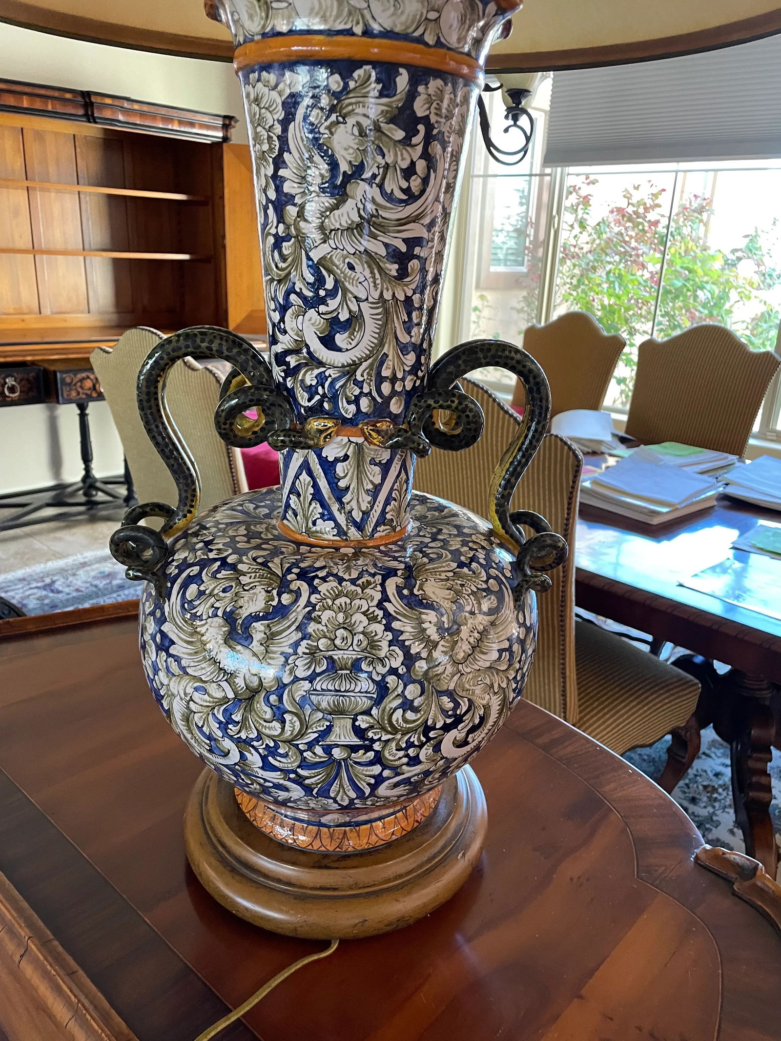 Large Majolica Lamp With Snake Handles Italian Renaissance Antique - 5
