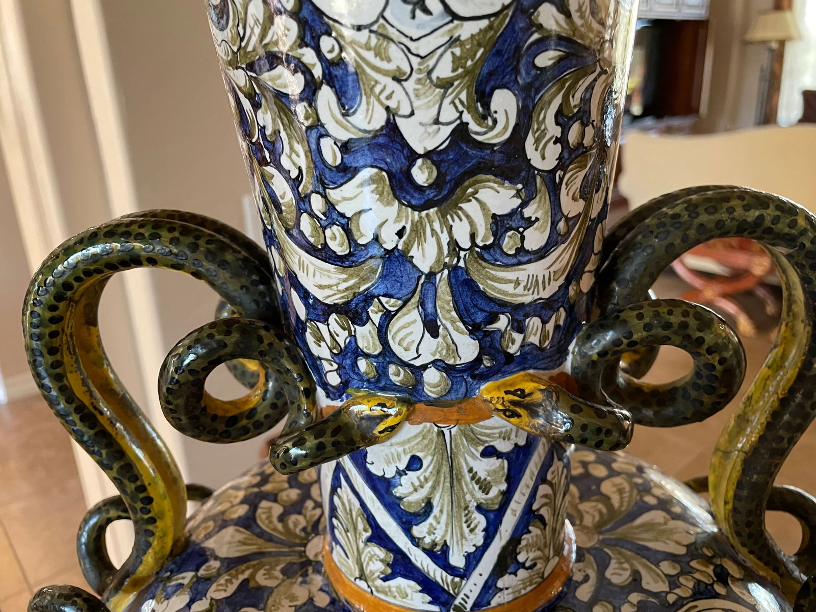 Large Majolica Lamp With Snake Handles Italian Renaissance Antique - 9