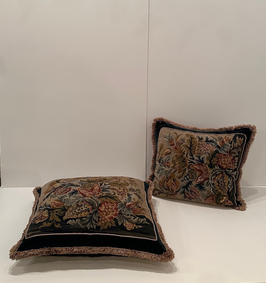 Hand Made Needlepoint Pillows With Bakelite Buttons -A Pair - 9