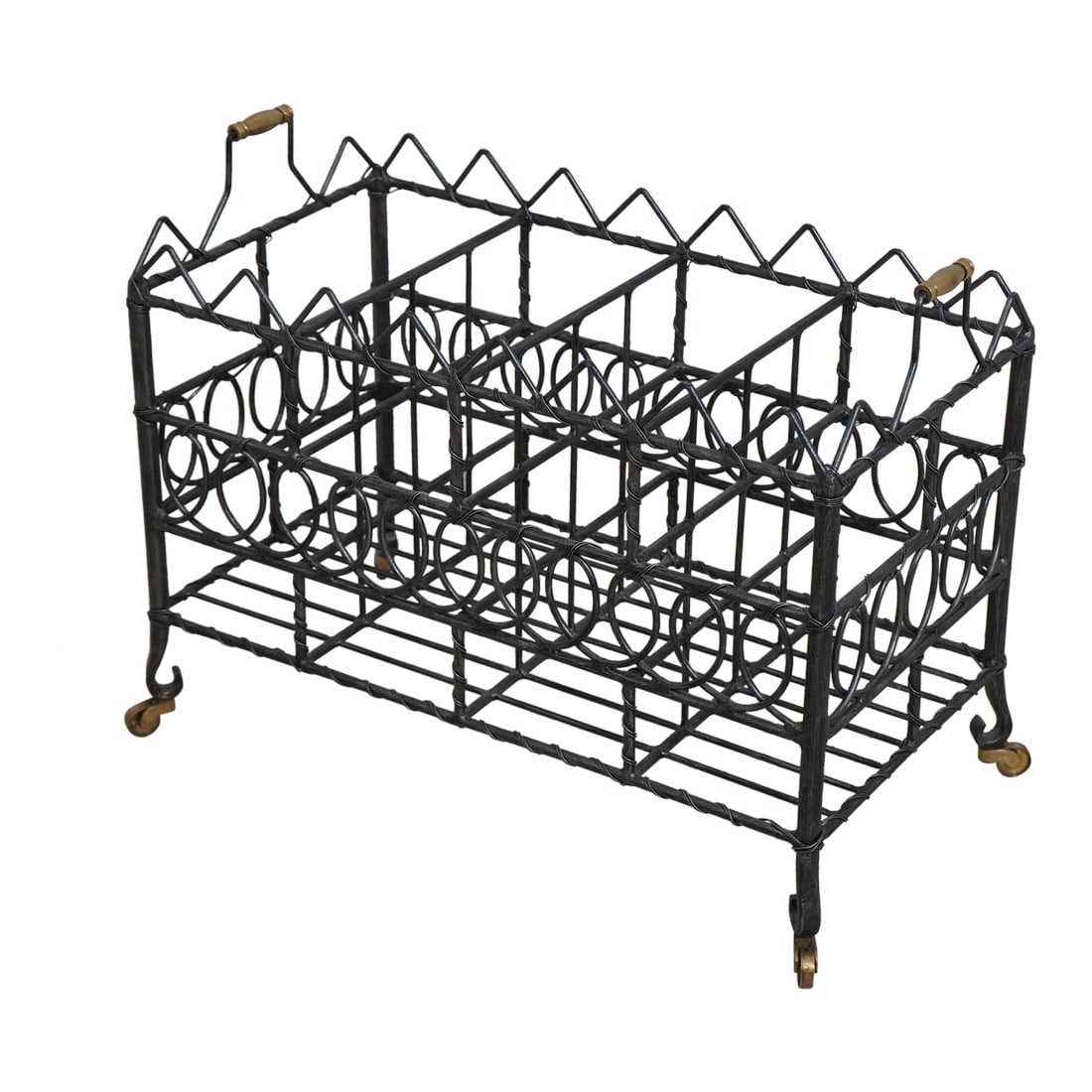 Maitland Smith Iron & Brass Magazine Rack: Age: Approx: 10 Years Old Details: High Quality Construction Heavy Iron w. Brass Handles & Caster Feet Condition: Excellent Clean Original Finish & Condition Size: 27w x 14d x 21h Condition: