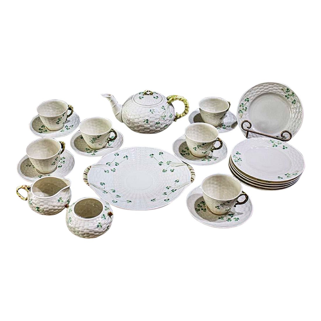 Belleek Shamrock Pattern Classic Fine Parian China Breakfast Set - 22 Pcs: Fabulous 22 piece set of Belleek Classic Fine Parian China made in Ireland which includes: 1 6 cup teapot with strainer holes behind the spout, 6 cups, 6 saucers, 1 creamer, 1 open sugar bowl, 6 7"