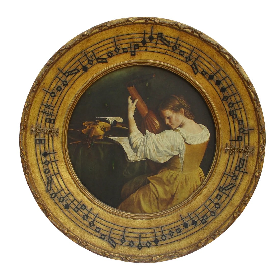 La Barge Gilded 30" Diameter Round Frame -The Lute Player: This massive 30-inch diameter gilded round picture frame features a reproduction print of a lute player after the work of Gentileschi. The piece features stylized black musical notes along the frame