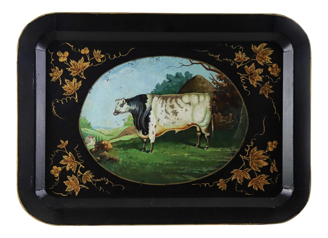 Vintage Farm Animal White Cow Tray: This vintage tray depicts a white cow on a farm hill. Set in a bordered window, the cow stands next to a hut. The rest of the tray is decorated in golden flora. Condition: Imperfections: Some