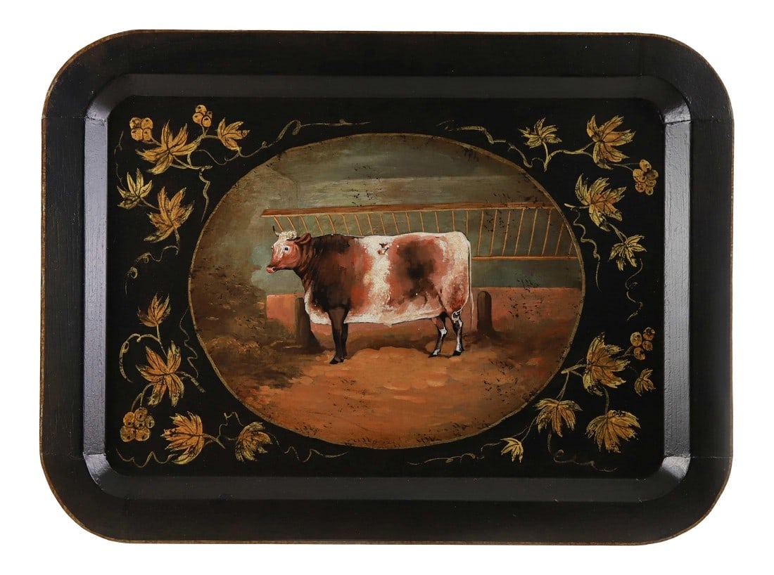 Vintage Farm Animal Tray Depicting Rustic Cow: Vintage Tray depicting a windowed cow in a rustic landscape. Serve your guests your best bread and butter. Condition: Imperfections: Some Imperfections Condition Notes: In good condition with minor