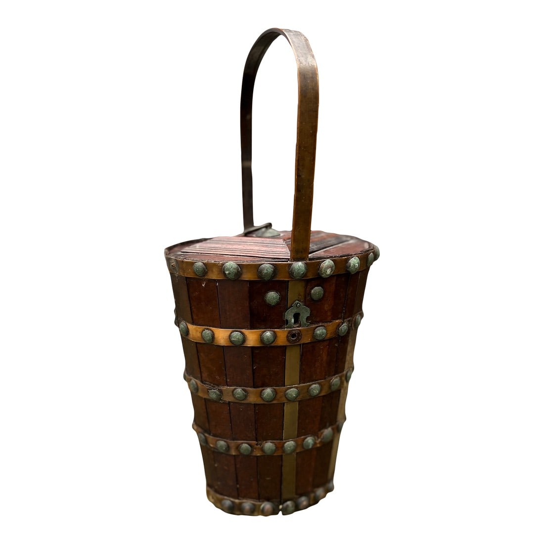 Unusual 19th Century, Anglo-Indian Style Dutch Paneled Basket: This unique 19th-century basket combines Dutch craftsmanship with Anglo-Indian stylistic influences, resulting in a truly distinctive piece. The box features paneling across the main body, nail heads