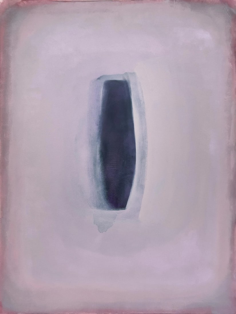 Conversation No.05 Dusty Mauve and Plum Minimalist Color Field Painting: This earthy pink / mauve and dark purple color field artwork painted in 2024 features light textural variances and layers of varying translucency in circular patterns surrounding a stain washed dark