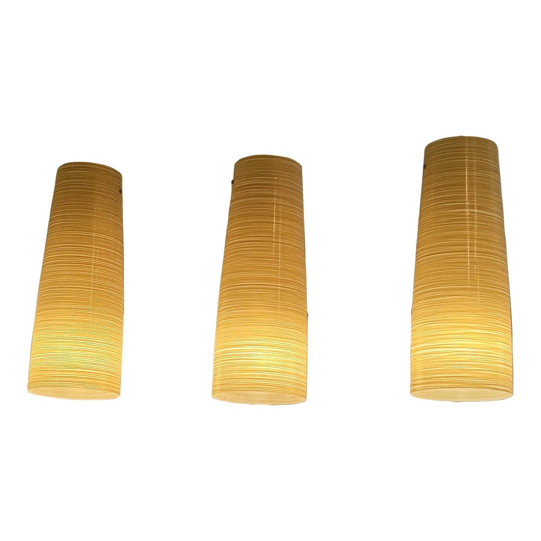 Foscarini Murano Sleek Gold & Cream Striated Fiberglass Large Pendants -Set of 3: Warm striated gold and cream fiberglass pendants from Italy. Can take up to 150 watts per fixture. Opening at top is 6.25 Condition: Alterations: Original Condition Unaltered Imperfections: Some