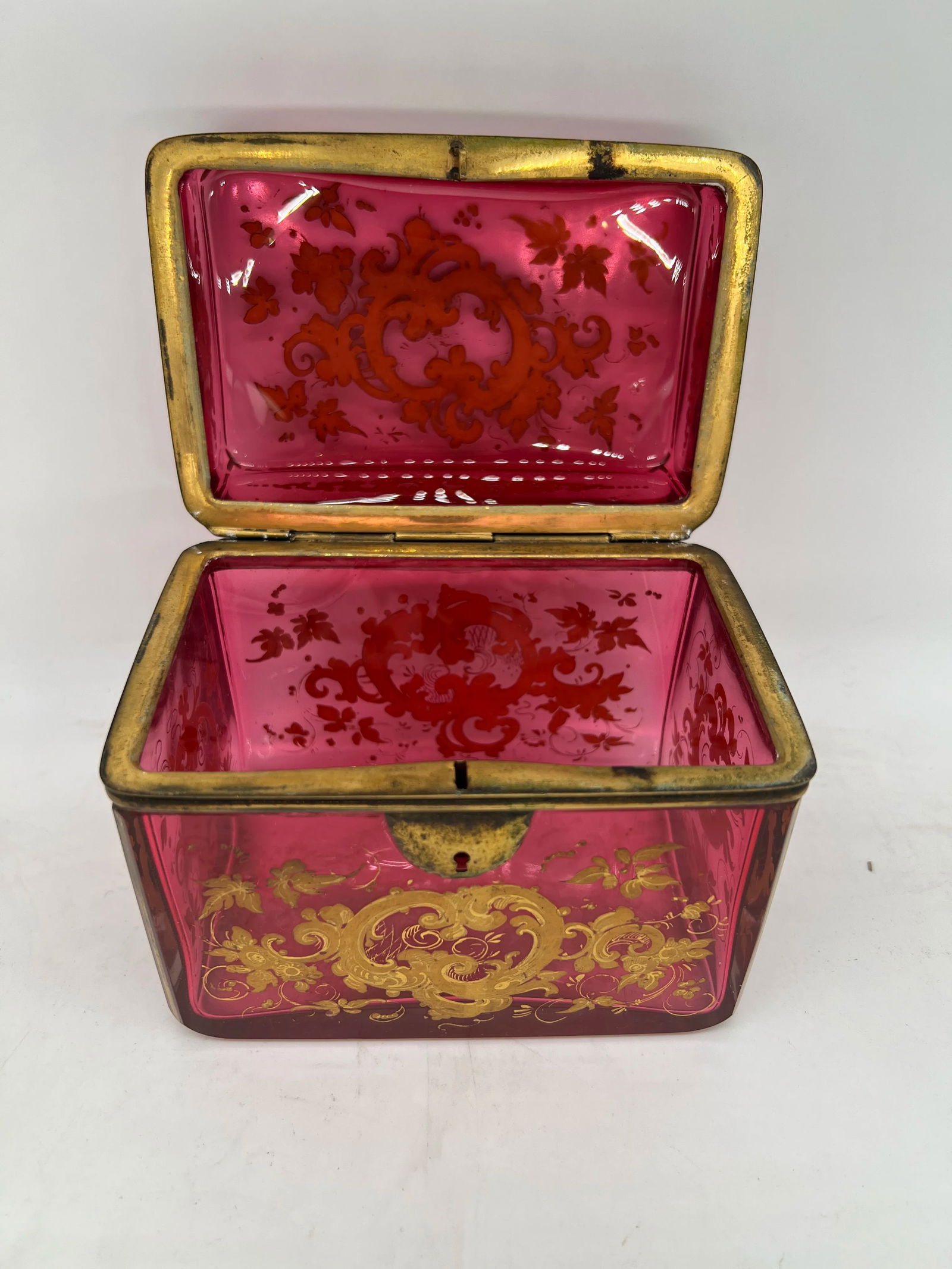 Antique Moser Cranberry Enameled & Ormolu Mounted Glass Casket Box - 10