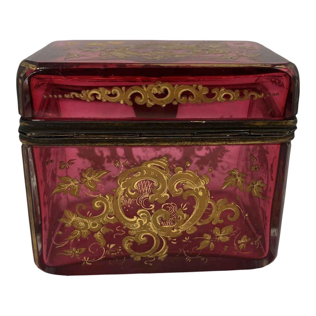 Antique Moser Cranberry Enameled & Ormolu Mounted Glass Casket Box: This exquisite antique glass casket box, attributed to the renowned Moser glassworks, exemplifies the opulence and artistry for which Moser is celebrated. The box is crafted from rich cranberry