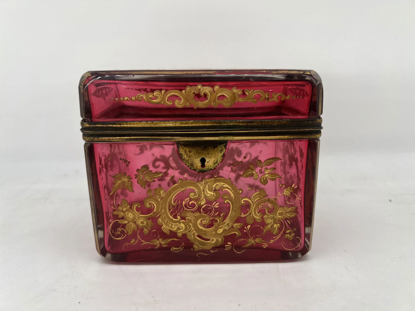 Antique Moser Cranberry Enameled & Ormolu Mounted Glass Casket Box - 2
