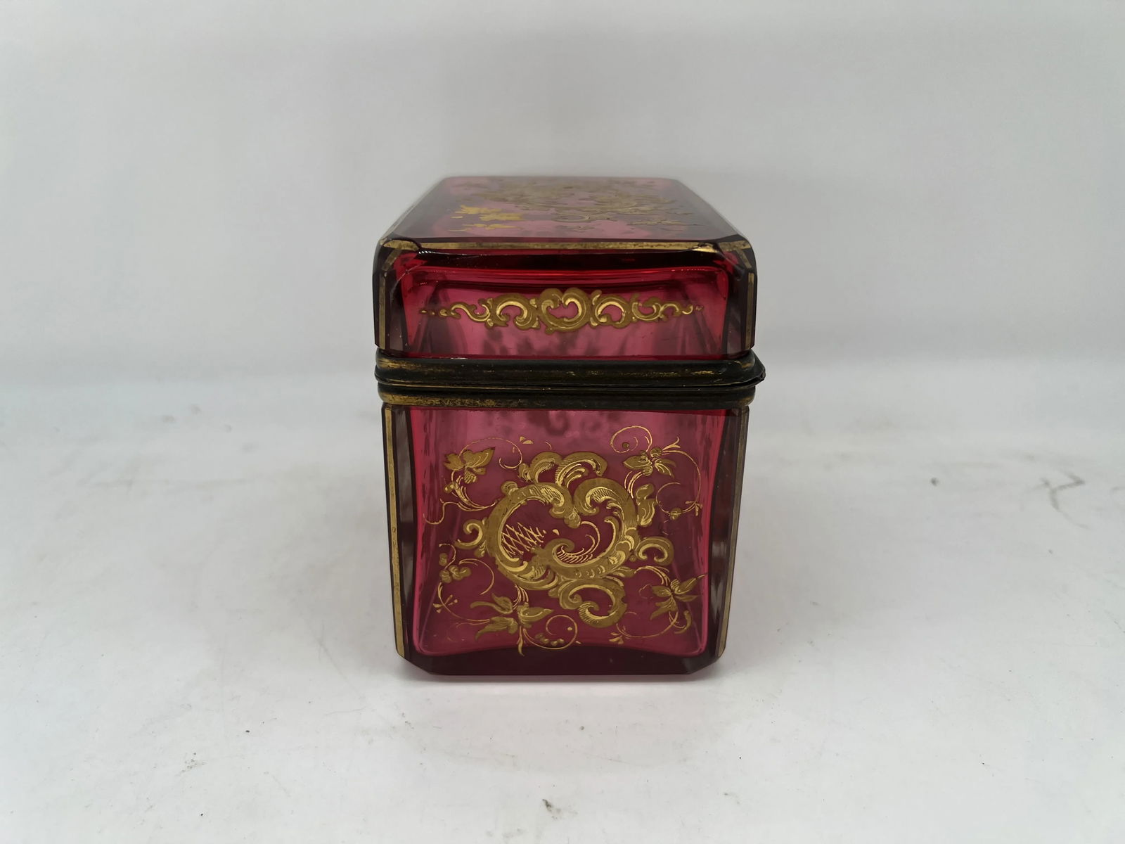 Antique Moser Cranberry Enameled & Ormolu Mounted Glass Casket Box - 3
