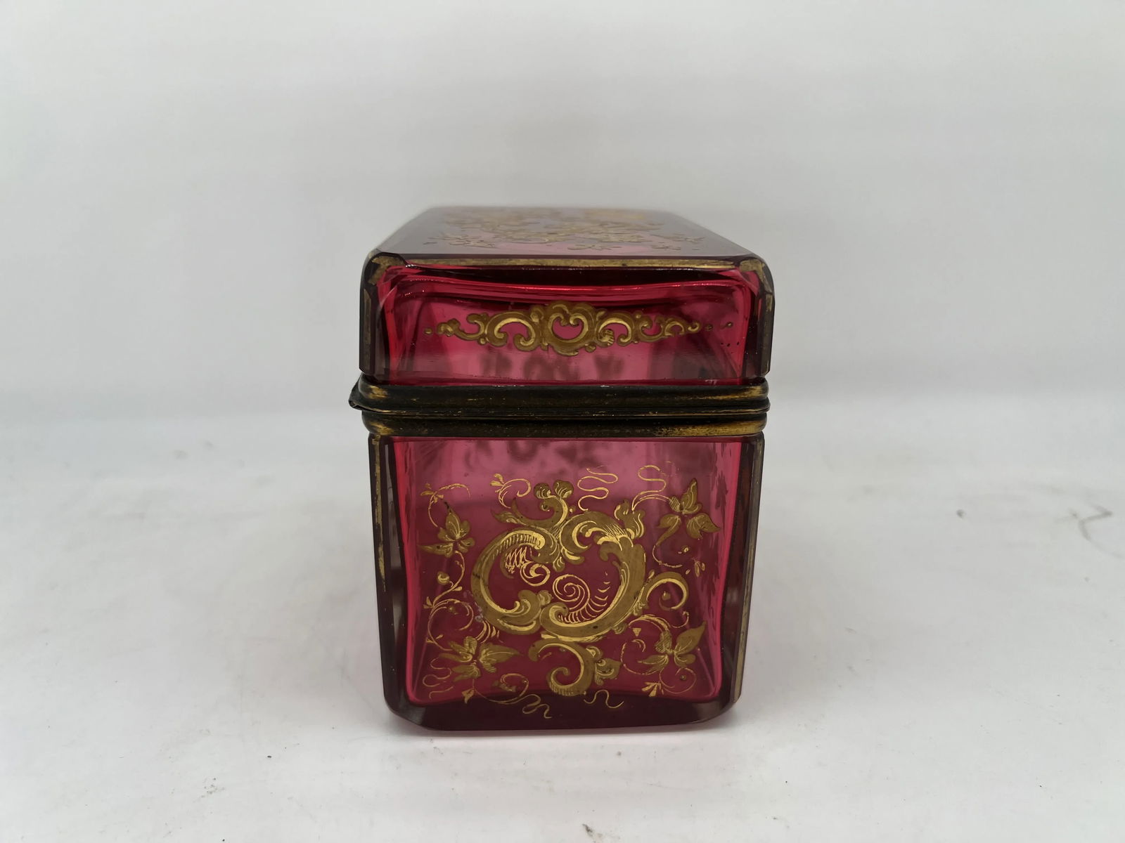 Antique Moser Cranberry Enameled & Ormolu Mounted Glass Casket Box - 4
