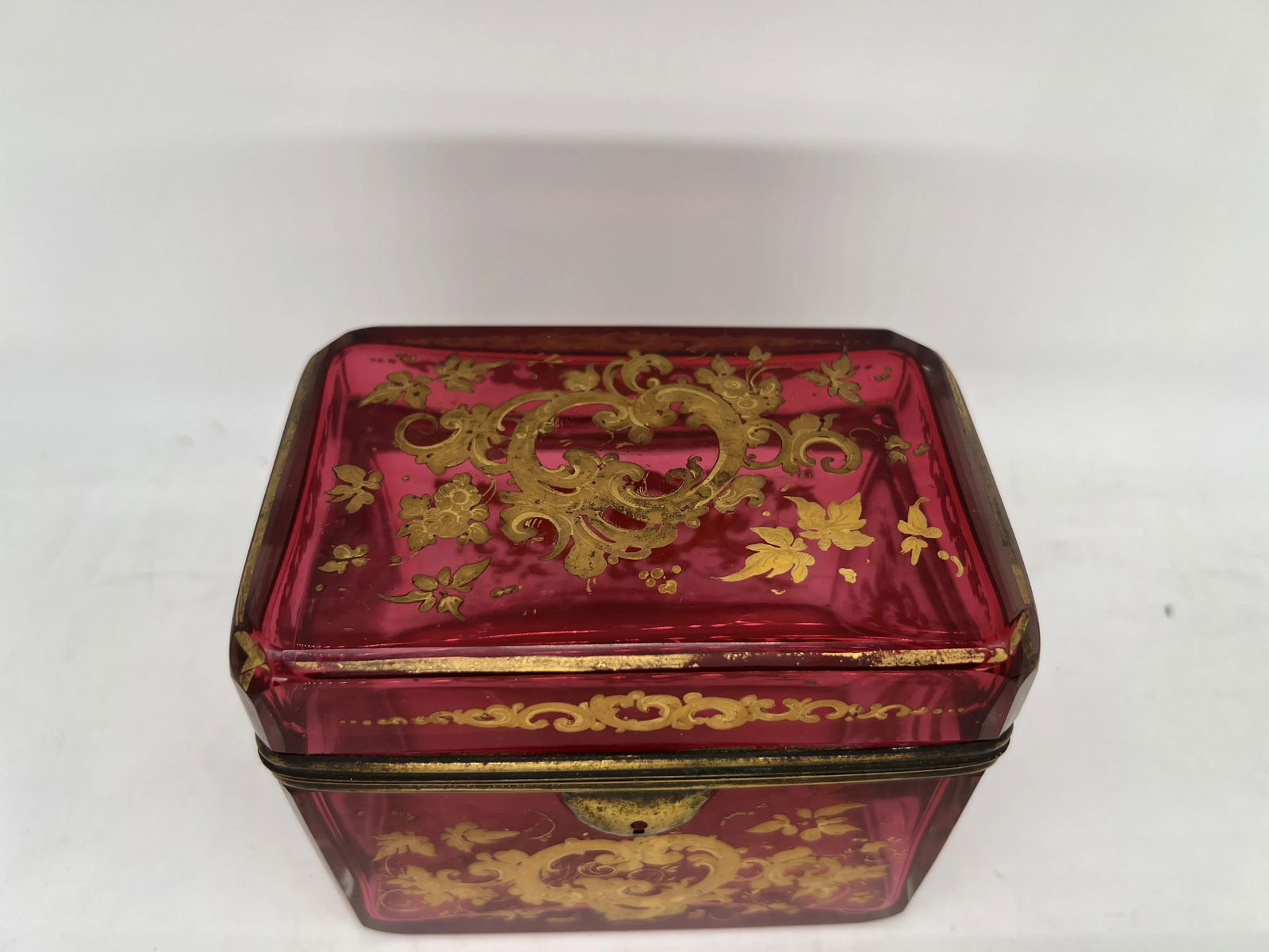 Antique Moser Cranberry Enameled & Ormolu Mounted Glass Casket Box - 5