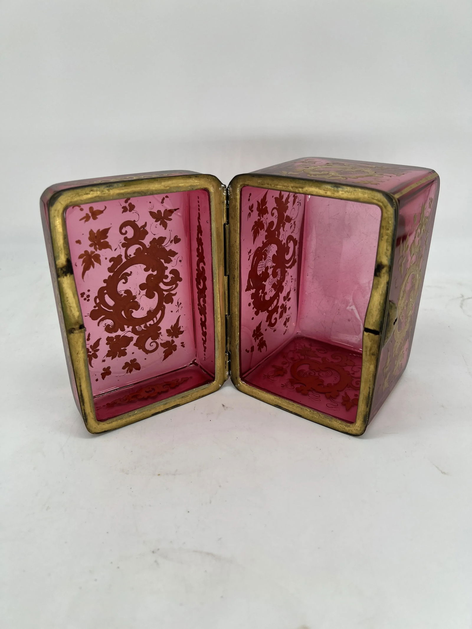 Antique Moser Cranberry Enameled & Ormolu Mounted Glass Casket Box - 9