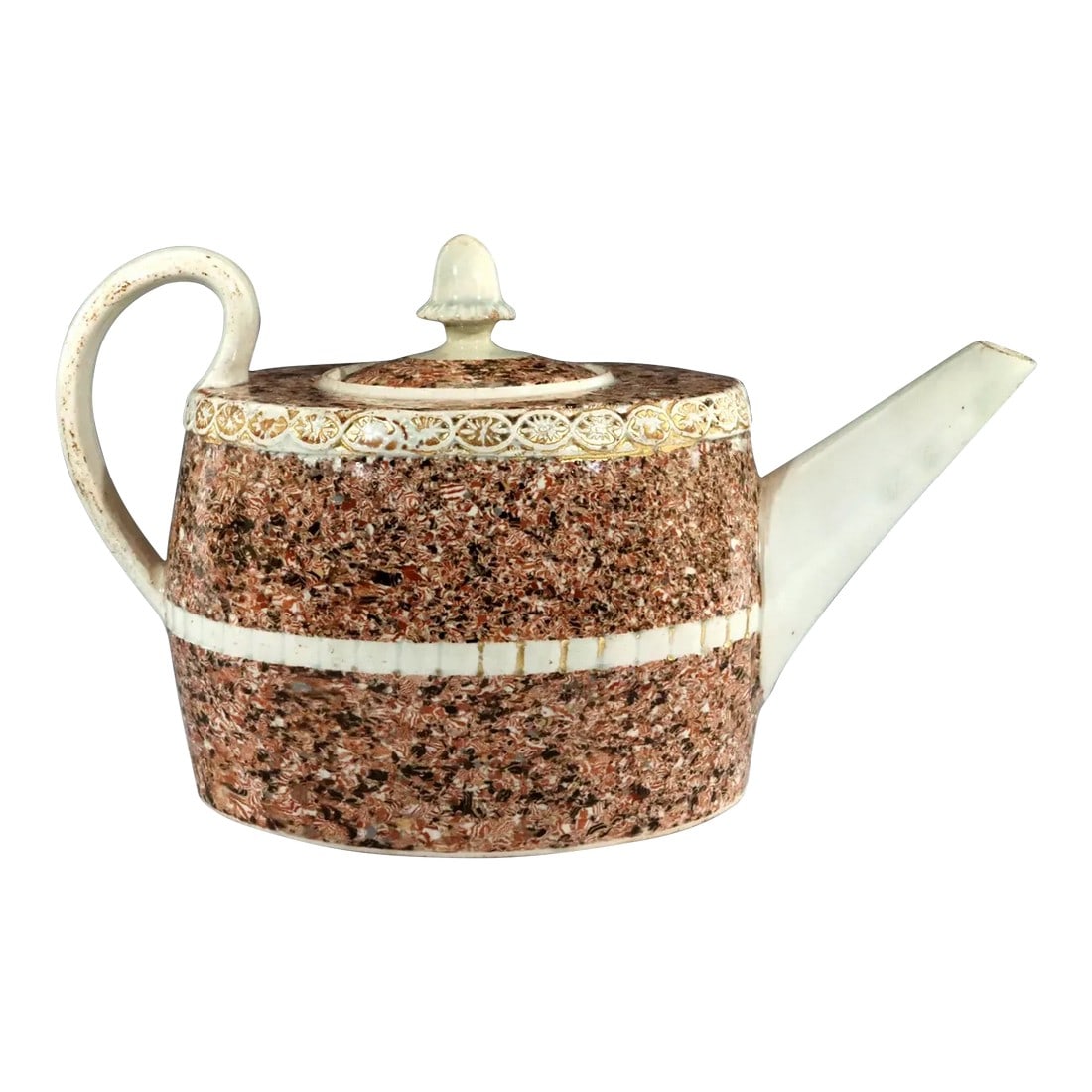 Staffordshire Pearlware Pottery Surface Agate Teapot With Acorn Finial: Terra Tersia: Staffordshire Pearlware Teapot with Agate and Gold Decoration Origin: Staffordshire, England Dte: circa 1795 (Late Georgian/Early Neoclassical Period) Material: Pearlware Earthenware,