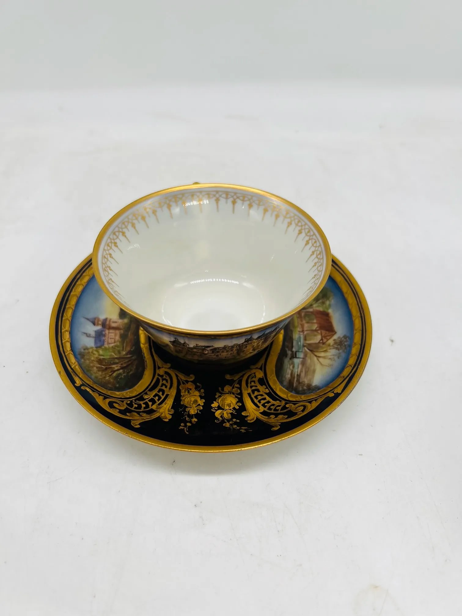Phenomenal 12 Sevres 19th C, Chateau Des Tuileries 1846 Chateau Scene Cup Saucer - 12