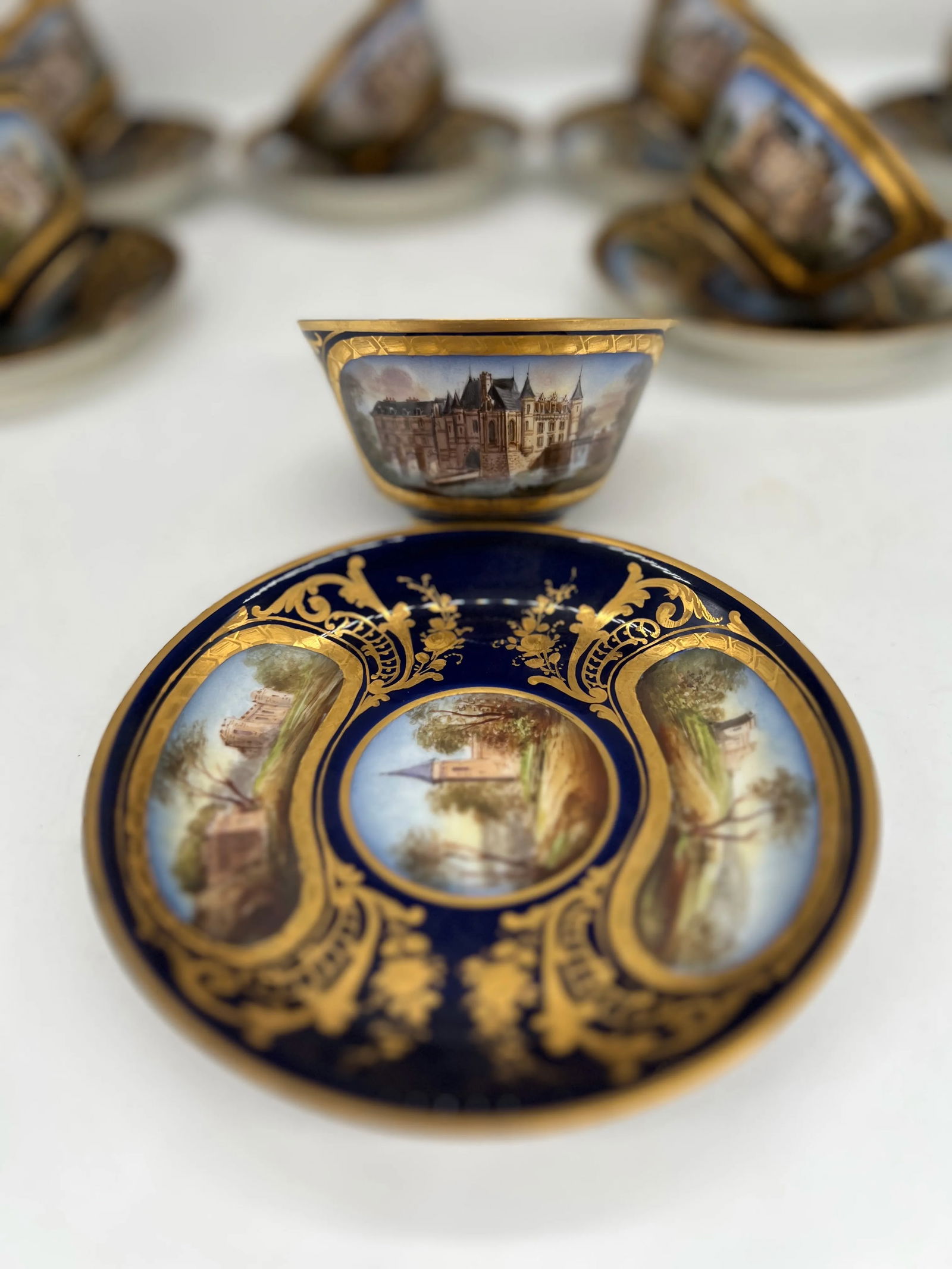 Phenomenal 12 Sevres 19th C, Chateau Des Tuileries 1846 Chateau Scene Cup Saucer - 2