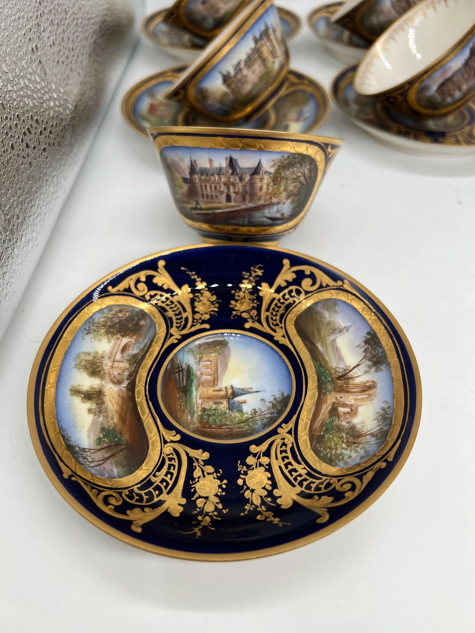 Phenomenal 12 Sevres 19th C, Chateau Des Tuileries 1846 Chateau Scene Cup Saucer - 4