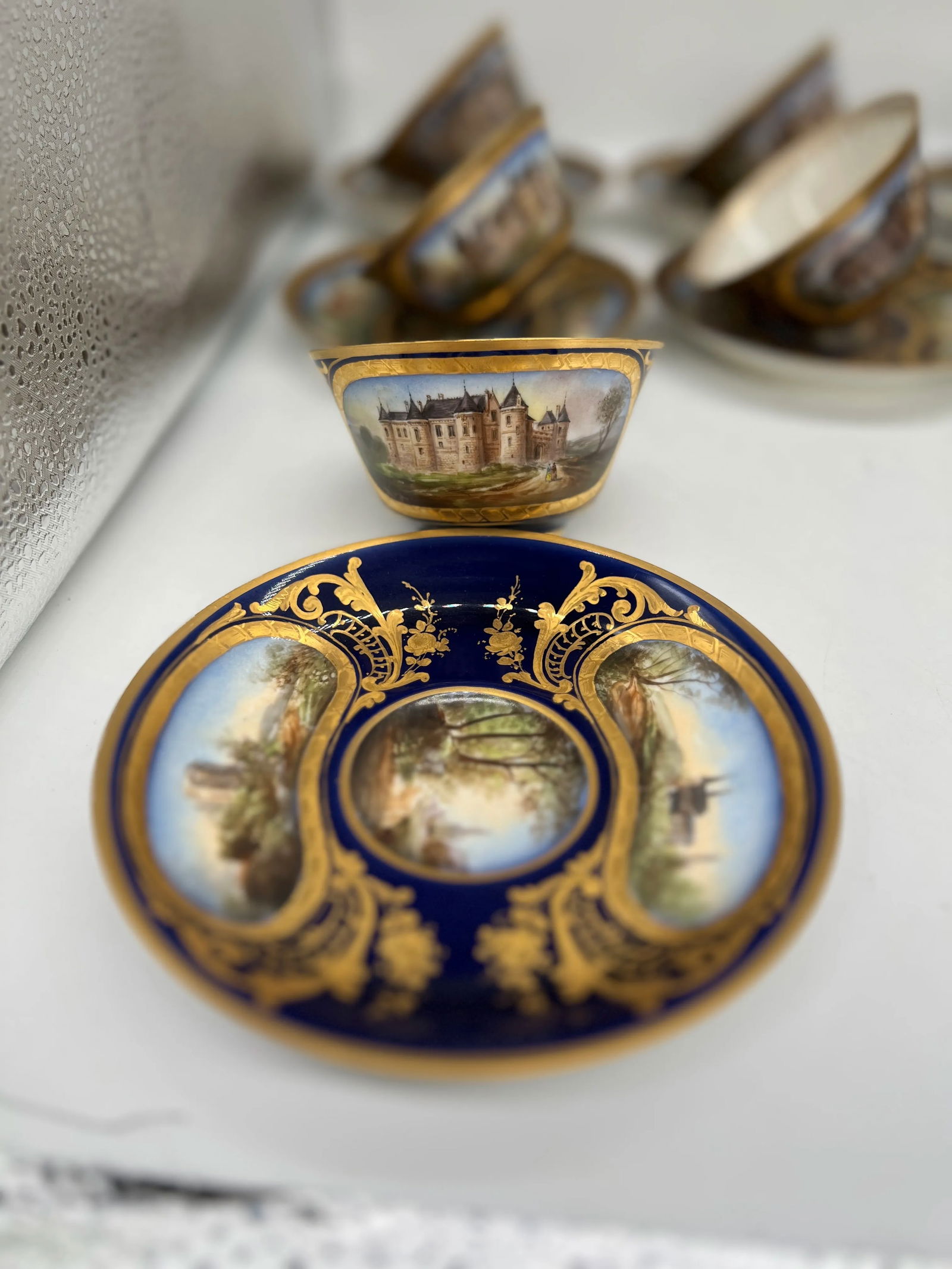 Phenomenal 12 Sevres 19th C, Chateau Des Tuileries 1846 Chateau Scene Cup Saucer - 5