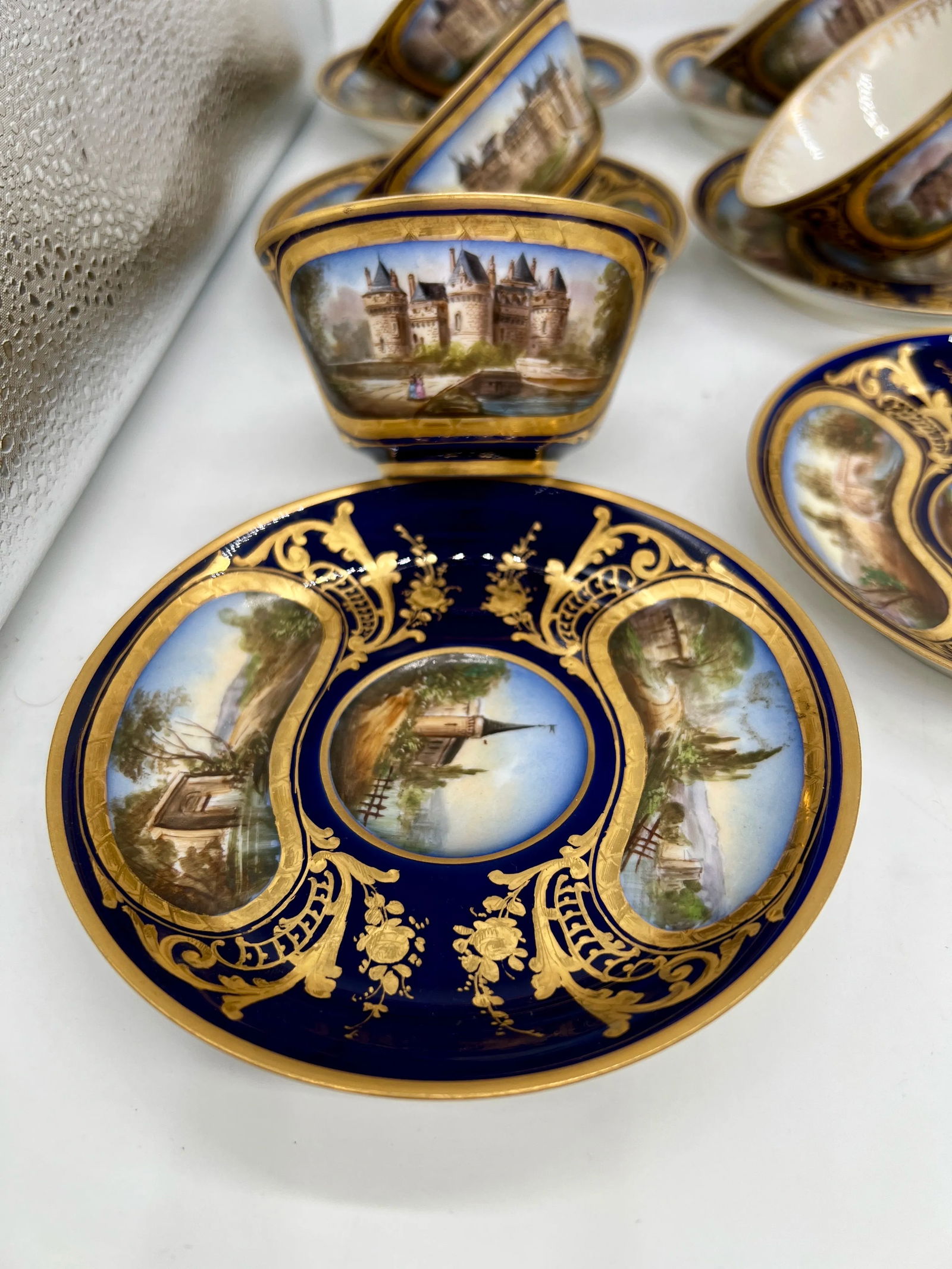 Phenomenal 12 Sevres 19th C, Chateau Des Tuileries 1846 Chateau Scene Cup Saucer - 6