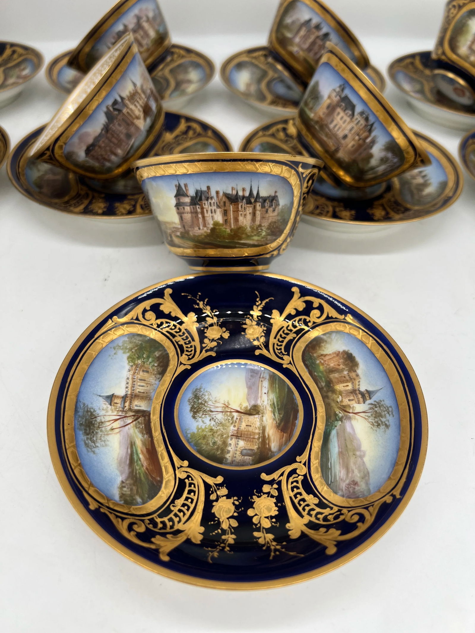 Phenomenal 12 Sevres 19th C, Chateau Des Tuileries 1846 Chateau Scene Cup Saucer - 7