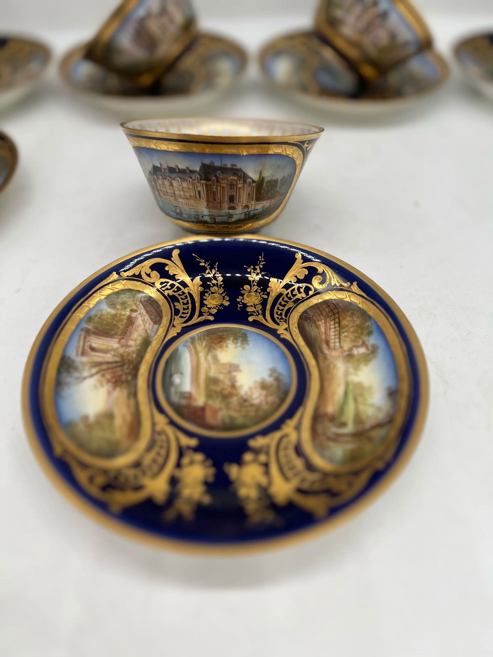 Phenomenal 12 Sevres 19th C, Chateau Des Tuileries 1846 Chateau Scene Cup Saucer - 8