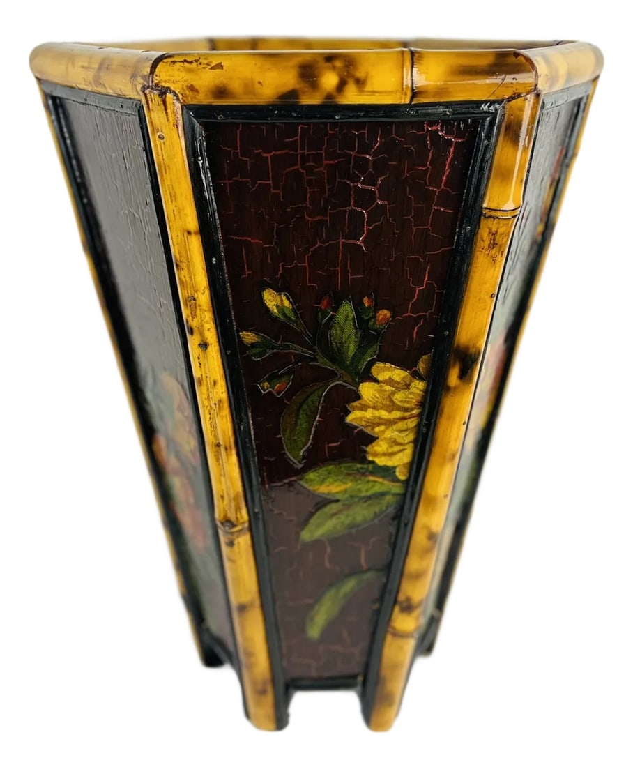 Vintage Bamboo & Floral Lacquer Hexagon Shaped Trash Can or Planter: This vintage hexagon-shaped piece seamlessly combines functionality with artistic charm, making it a versatile decorative item. Crafted with a bamboo frame, it is adorned with a richly lacquered