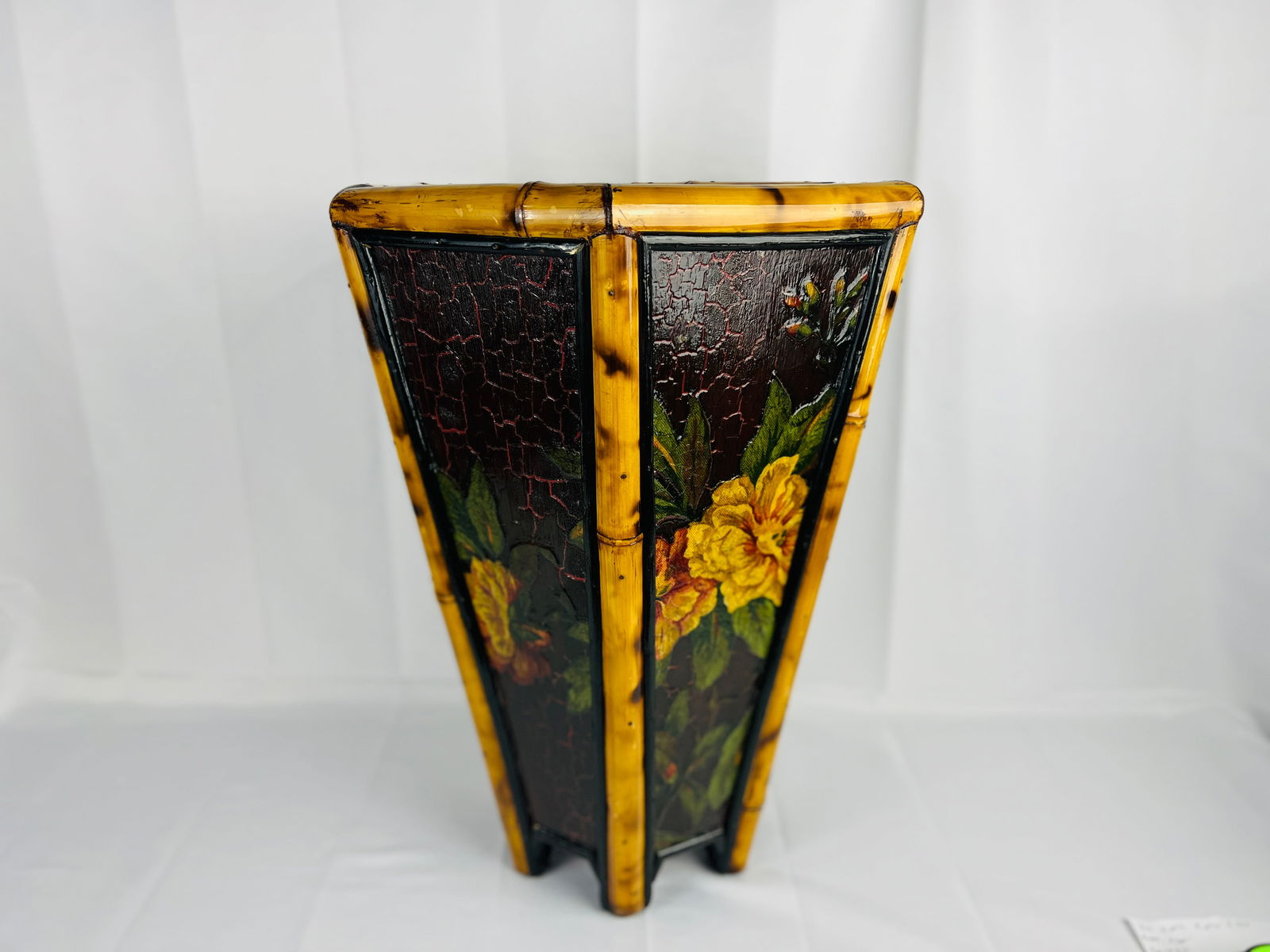 Vintage Bamboo & Floral Lacquer Hexagon Shaped Trash Can or Planter - 2