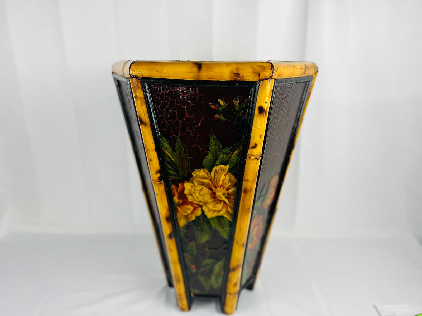 Vintage Bamboo & Floral Lacquer Hexagon Shaped Trash Can or Planter - 3