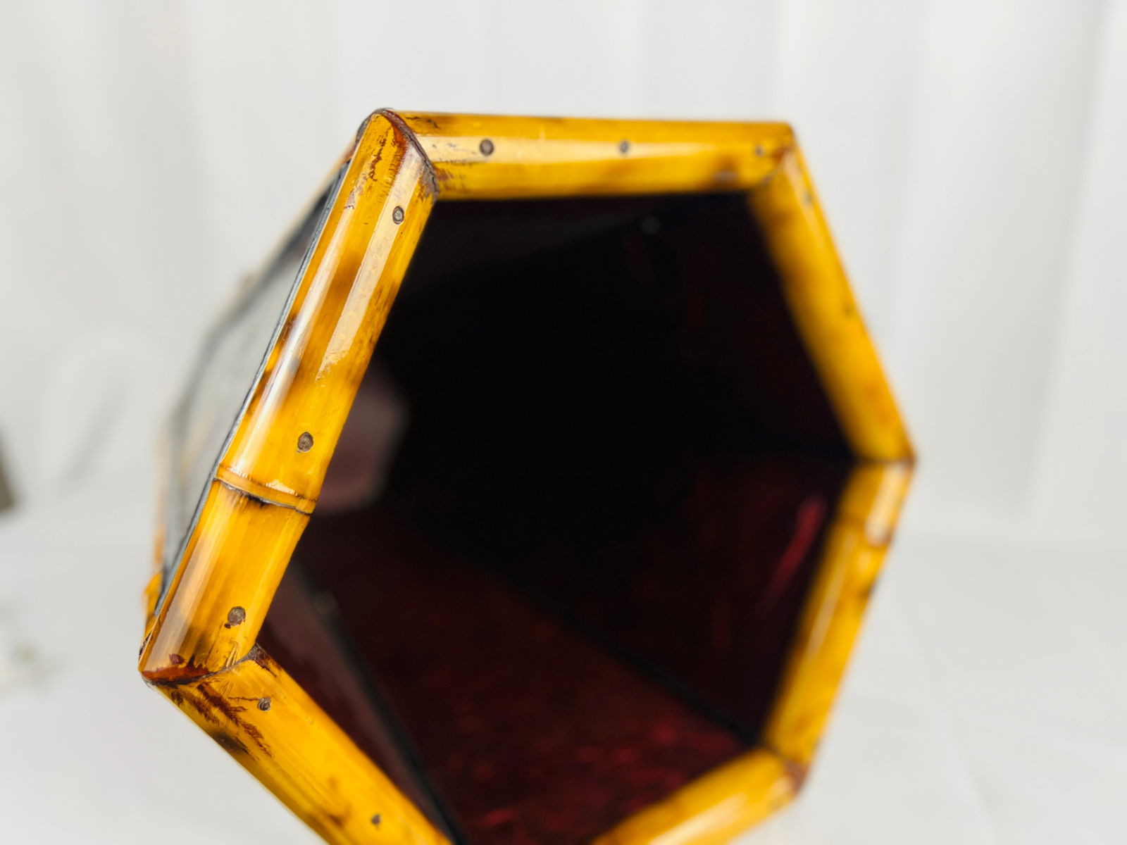 Vintage Bamboo & Floral Lacquer Hexagon Shaped Trash Can or Planter - 4