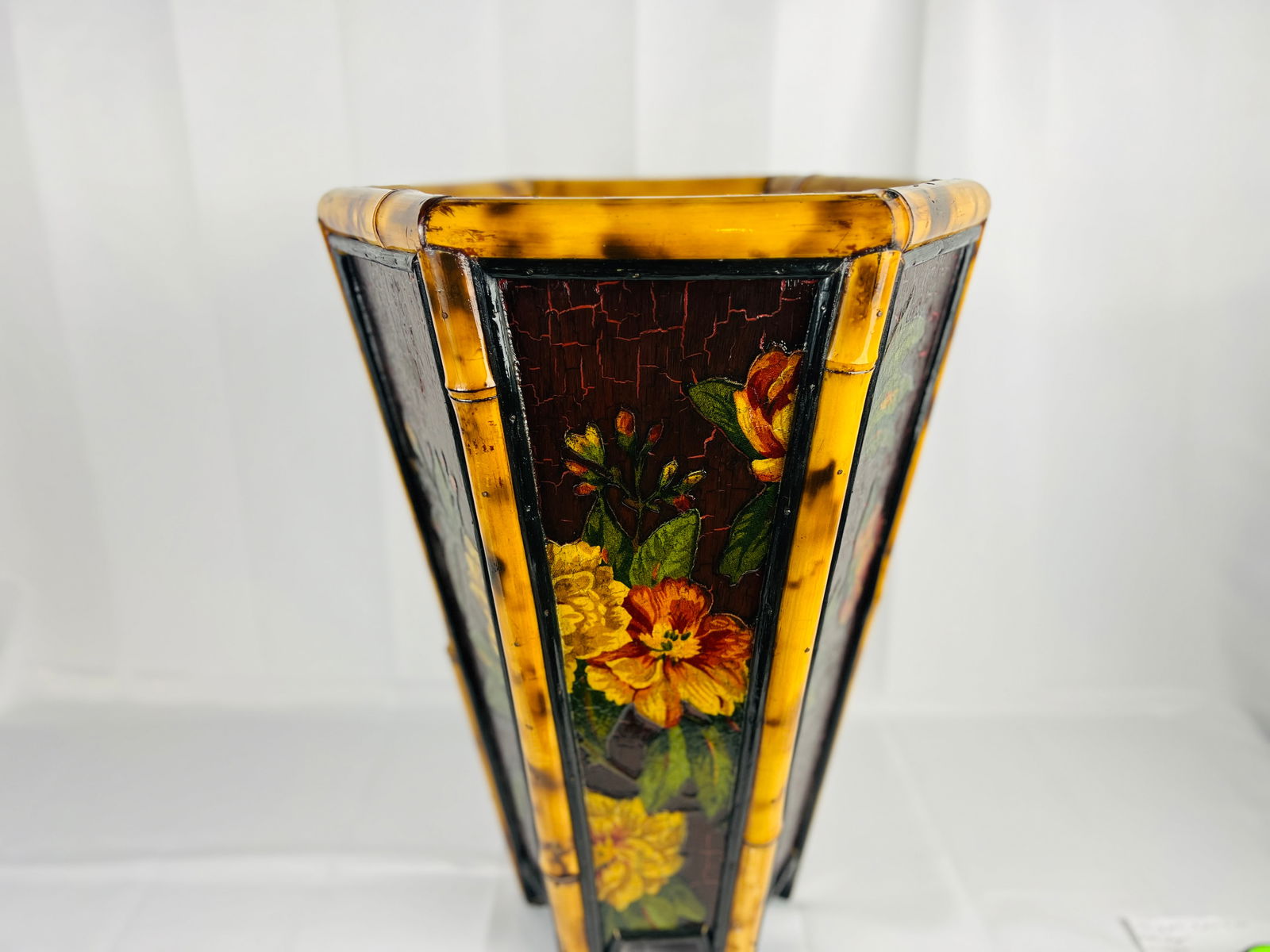 Vintage Bamboo & Floral Lacquer Hexagon Shaped Trash Can or Planter - 5
