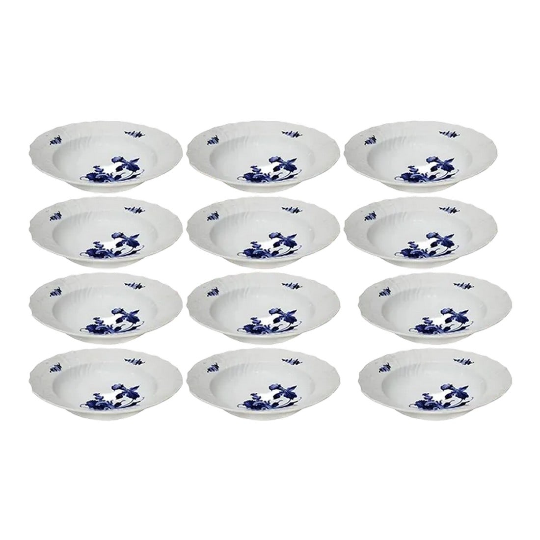Royal Copenhagen Blue Flowers Curved: Set of 12 Rim Soup Bowls from Royal Copenhagen. This fine hand painted porcelain china is made in Denmark. It is the "Blue Flowers Curved" pattern The Royal Copenhagen Blue Flower pattern was