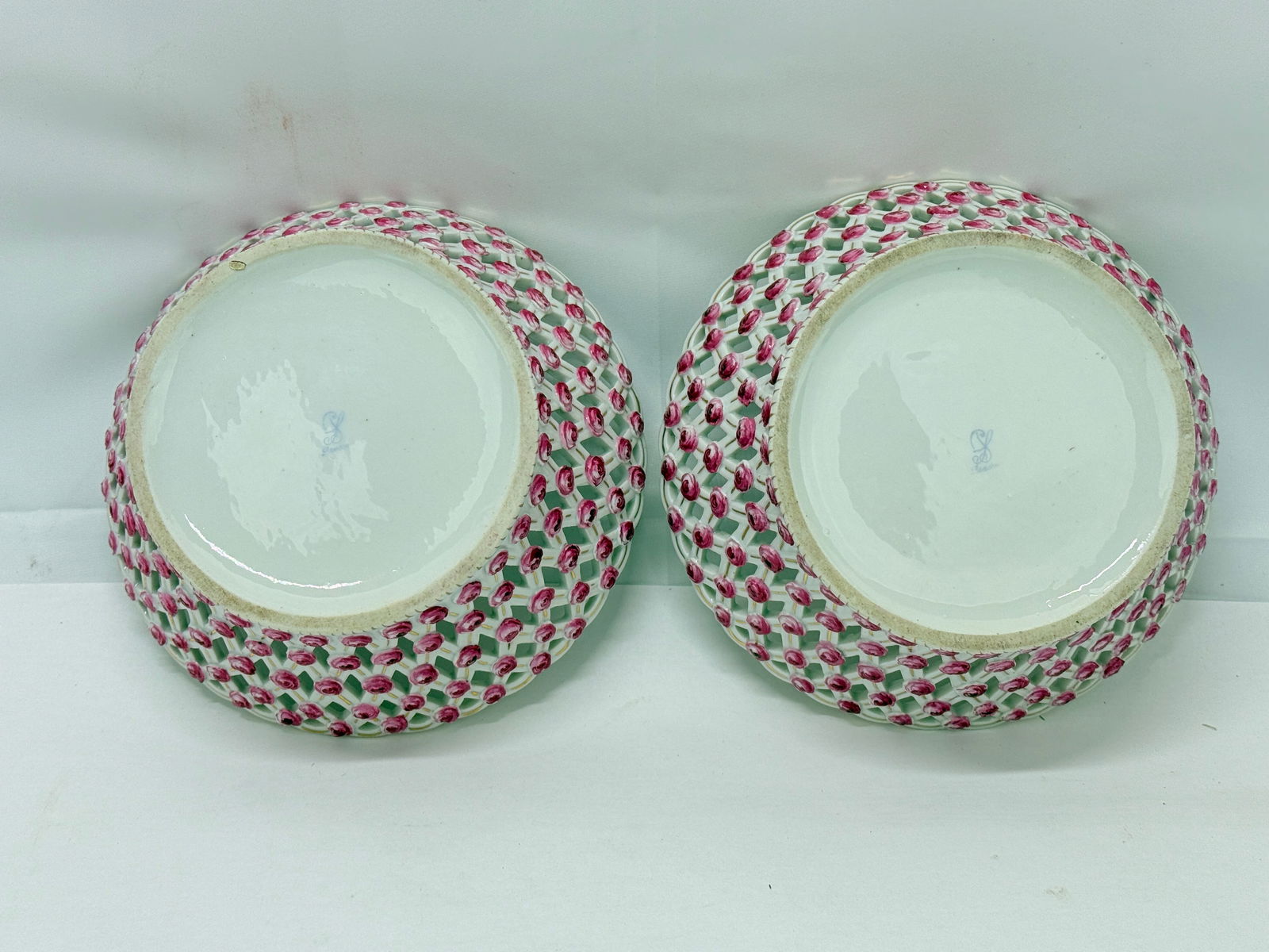 Pair, Fine Dresden Porcelain Reticulated Pierced Rose Bud Baskets C. 1910 - 3