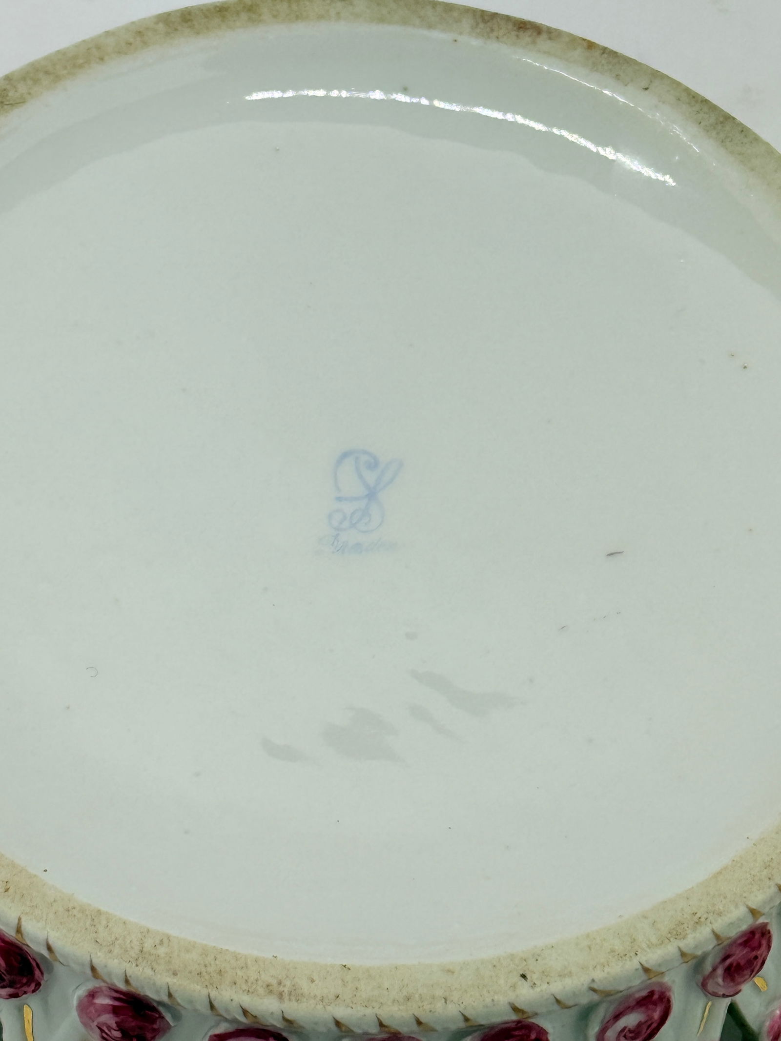 Pair, Fine Dresden Porcelain Reticulated Pierced Rose Bud Baskets C. 1910 - 4