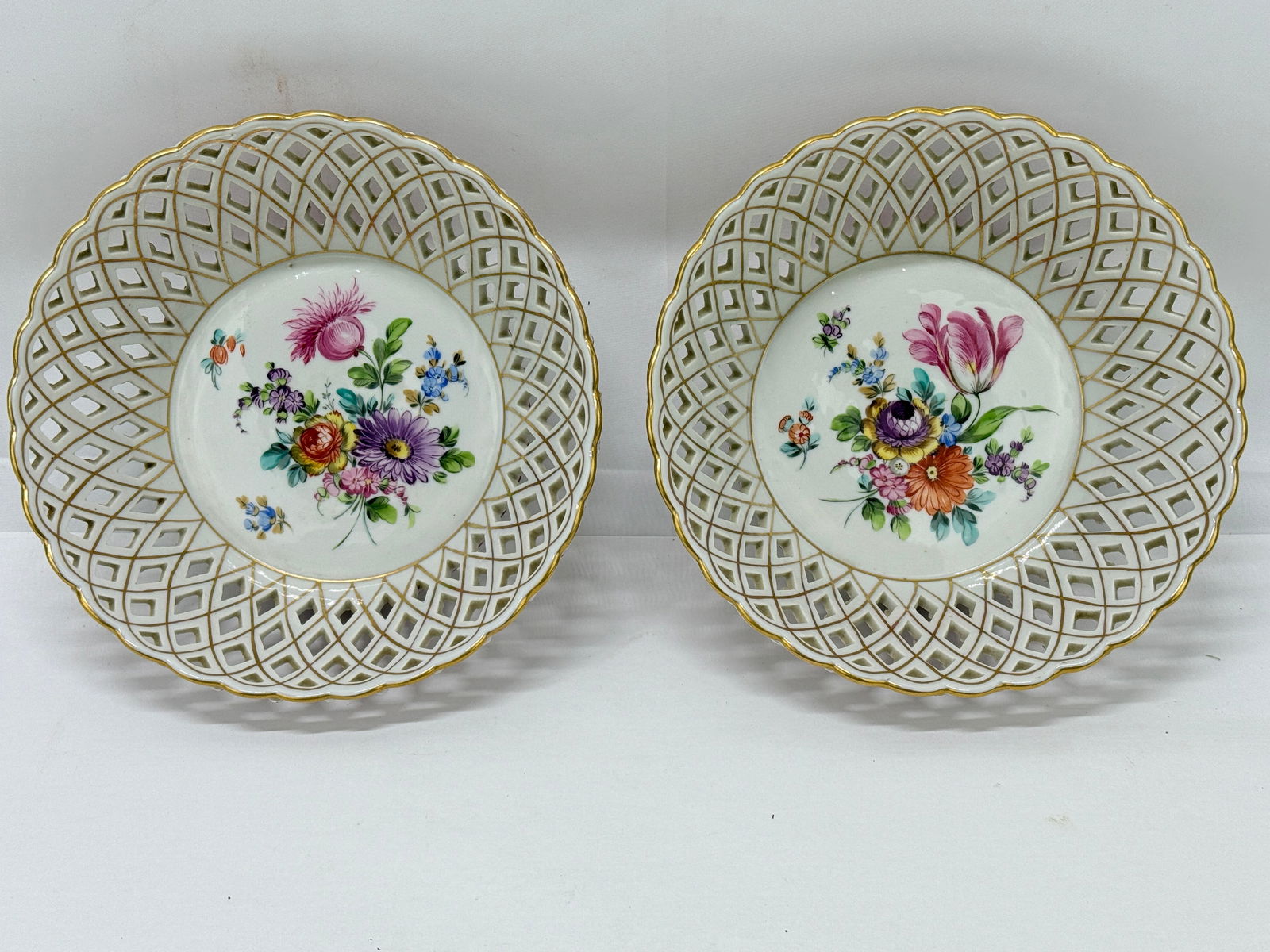 Pair, Fine Dresden Porcelain Reticulated Pierced Rose Bud Baskets C. 1910 - 5