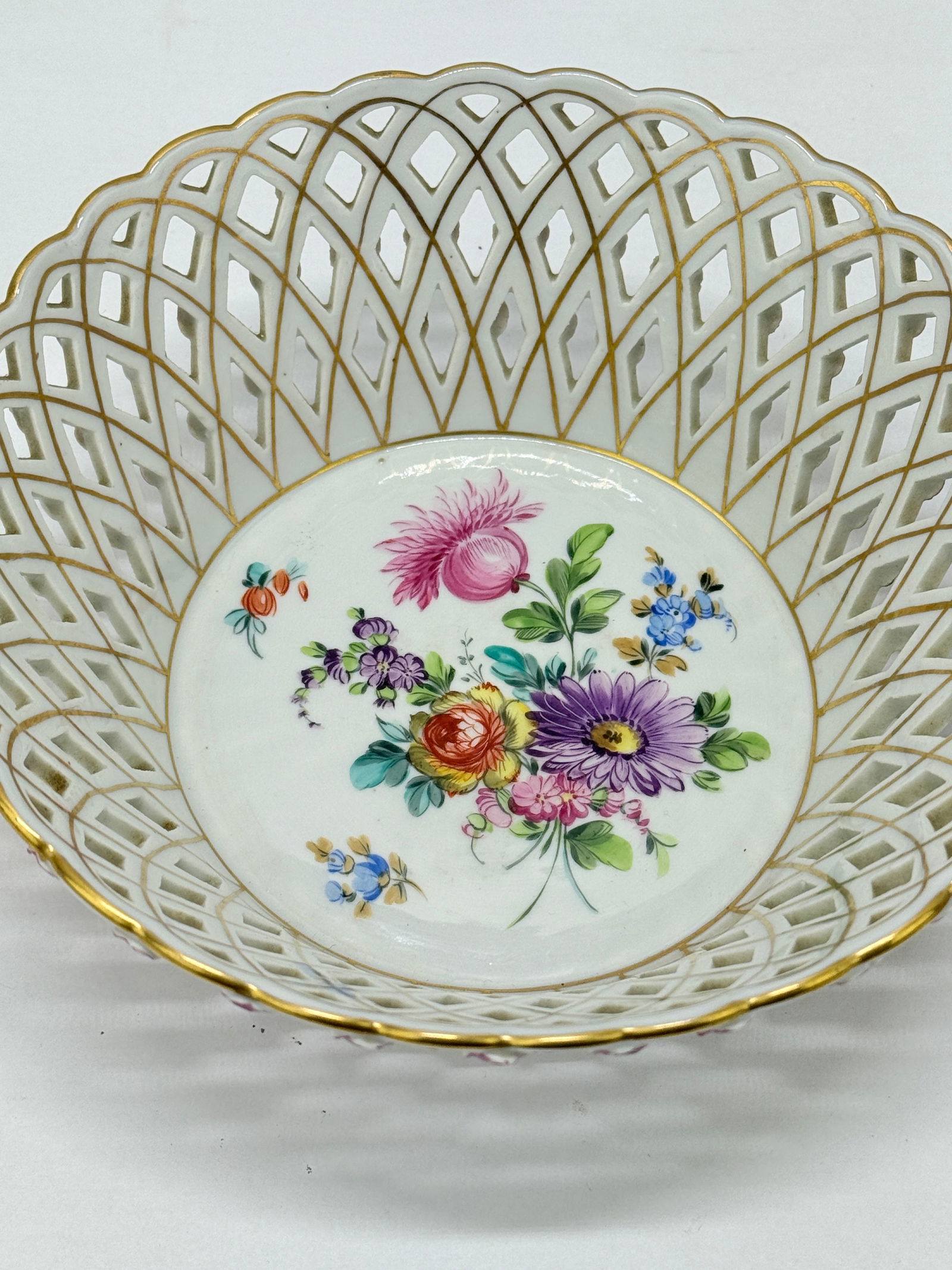 Pair, Fine Dresden Porcelain Reticulated Pierced Rose Bud Baskets C. 1910 - 6