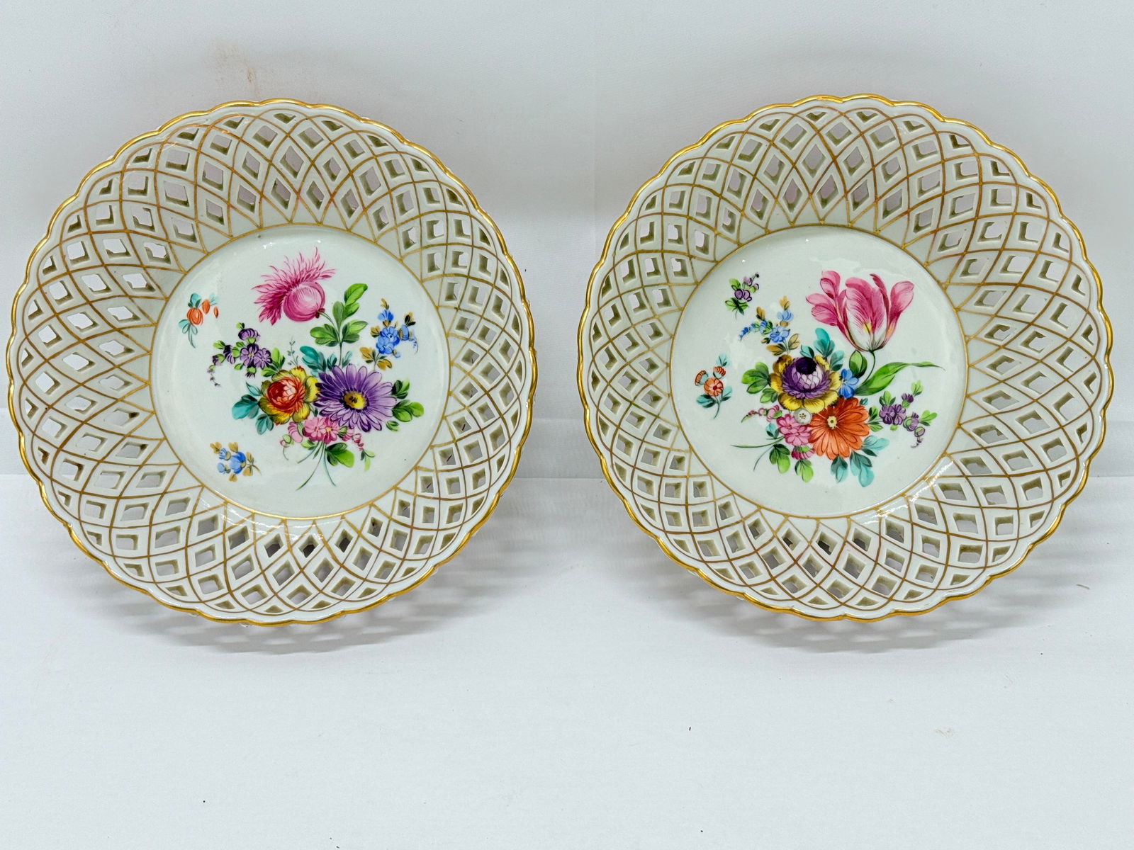 Pair, Fine Dresden Porcelain Reticulated Pierced Rose Bud Baskets C. 1910 - 8