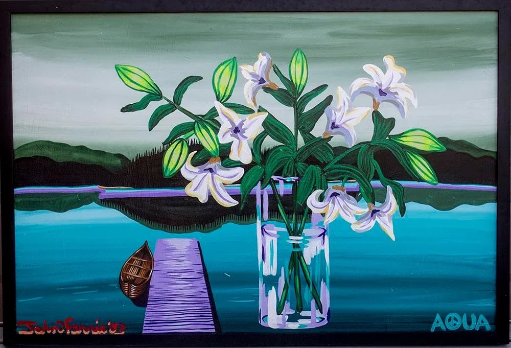 John Ferrie Mid-Century Painting Titled Aqua - Lilies in Vase - 13