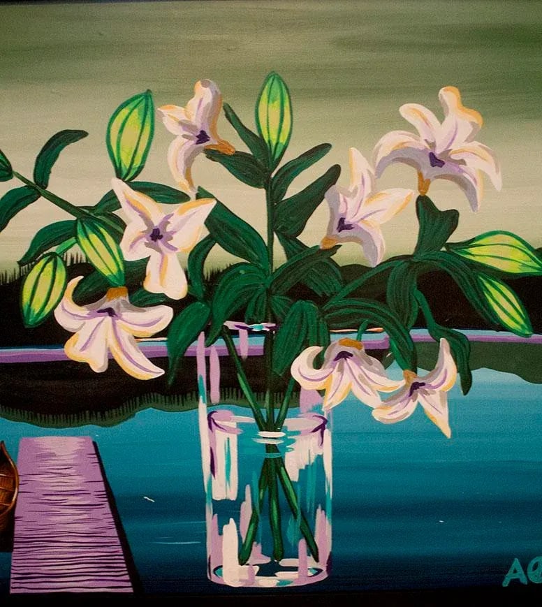 John Ferrie Mid-Century Painting Titled Aqua - Lilies in Vase - 5