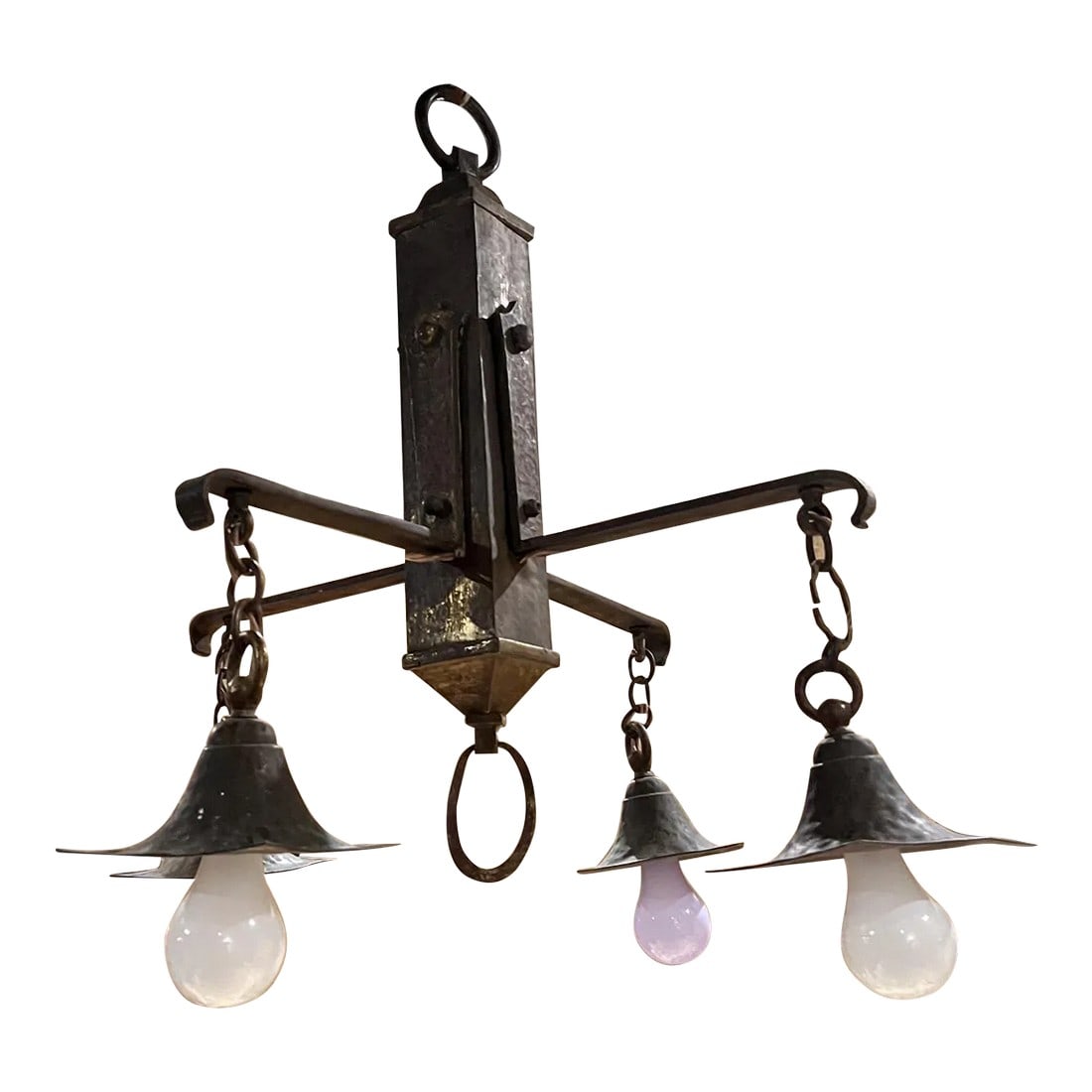 1930s Mission Chandelier Hammered Solid Brass Mexico: AMBIANIC presents Antique Mission Chandelier Solid Brass. Hand-hammered texture. No markings Chandelier hangs from one brass ring. Edison bulbs (40 watts) are exposed, giving a soft light. 23 H x 23