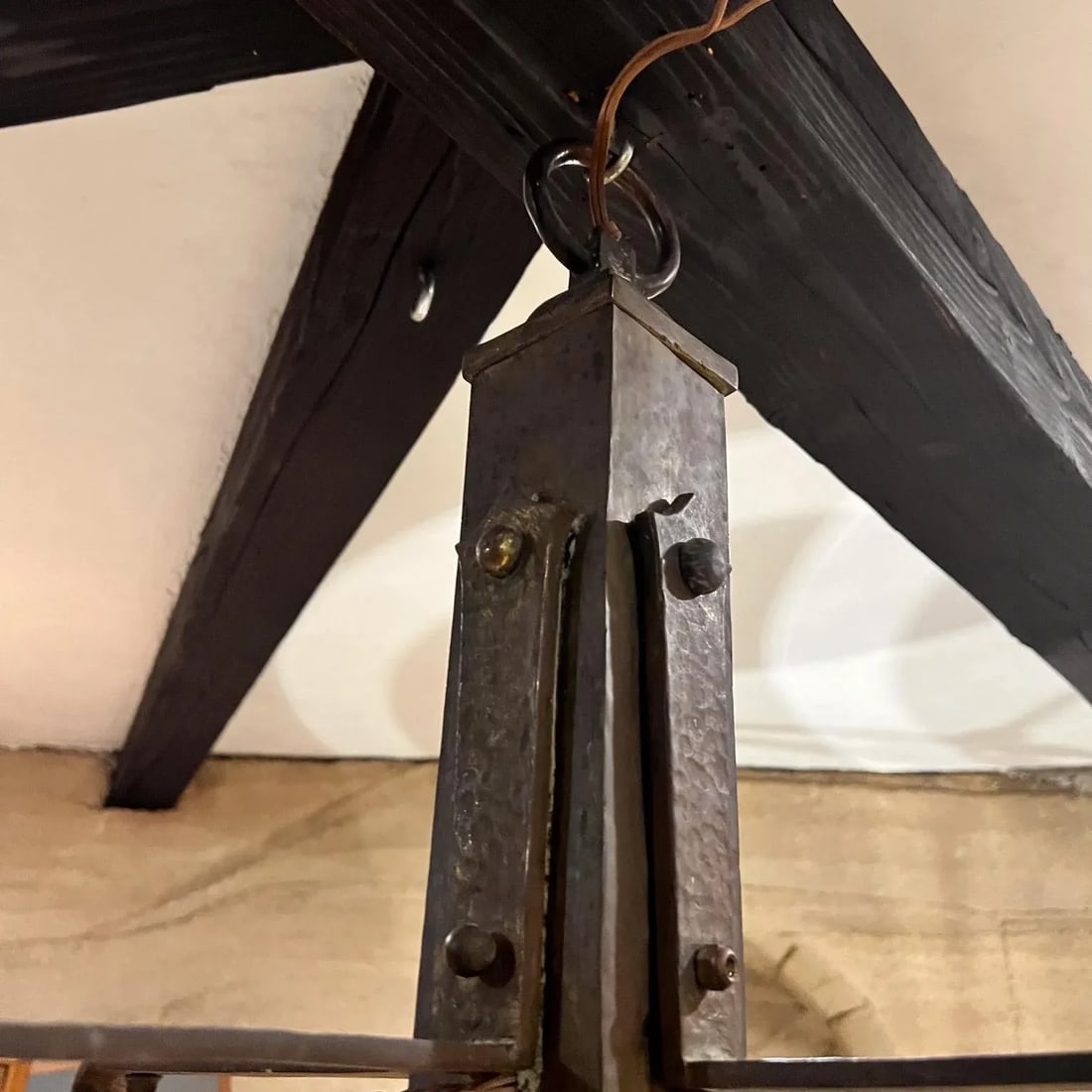 1930s Mission Chandelier Hammered Solid Brass Mexico - 6