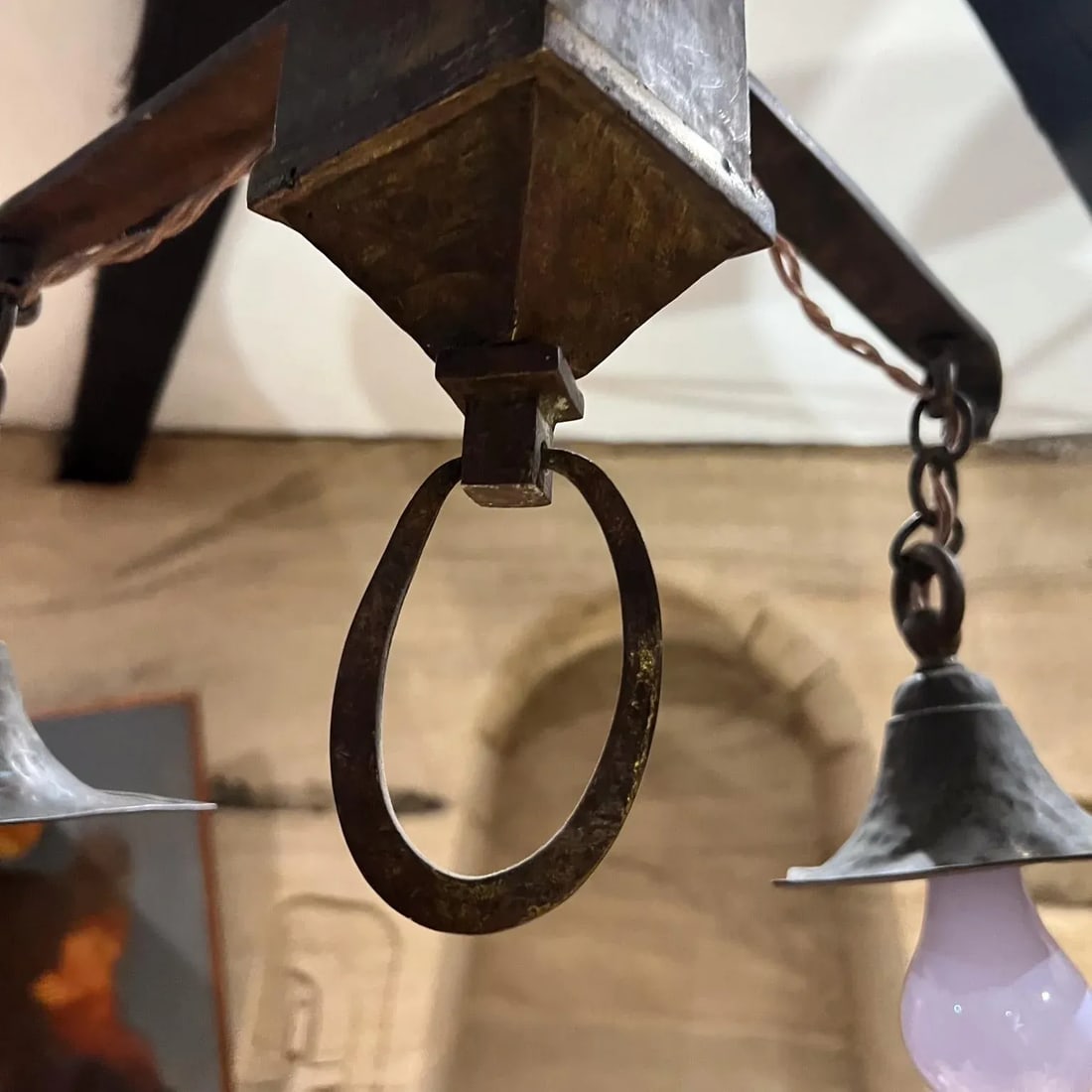 1930s Mission Chandelier Hammered Solid Brass Mexico - 7