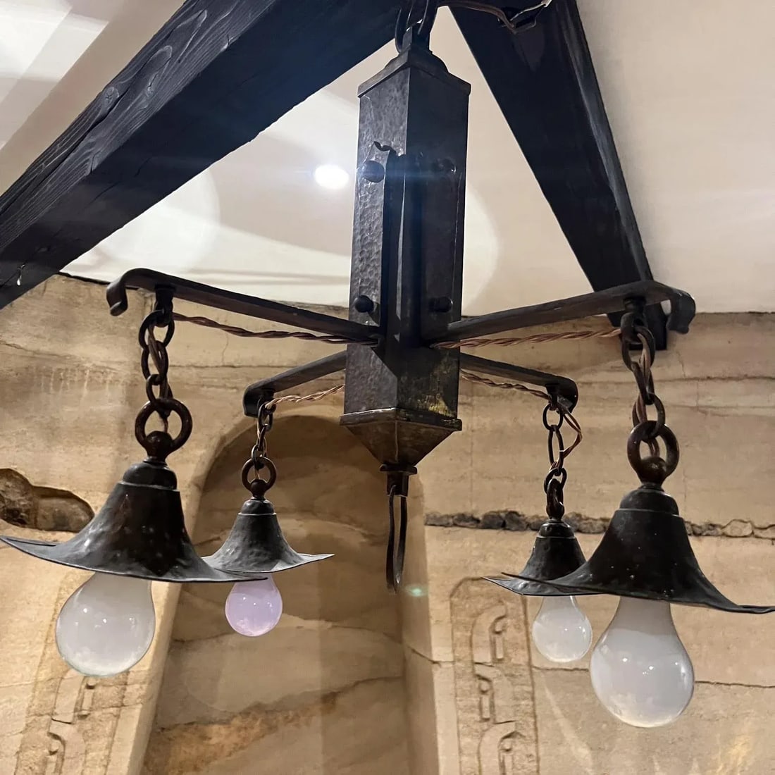 1930s Mission Chandelier Hammered Solid Brass Mexico - 9