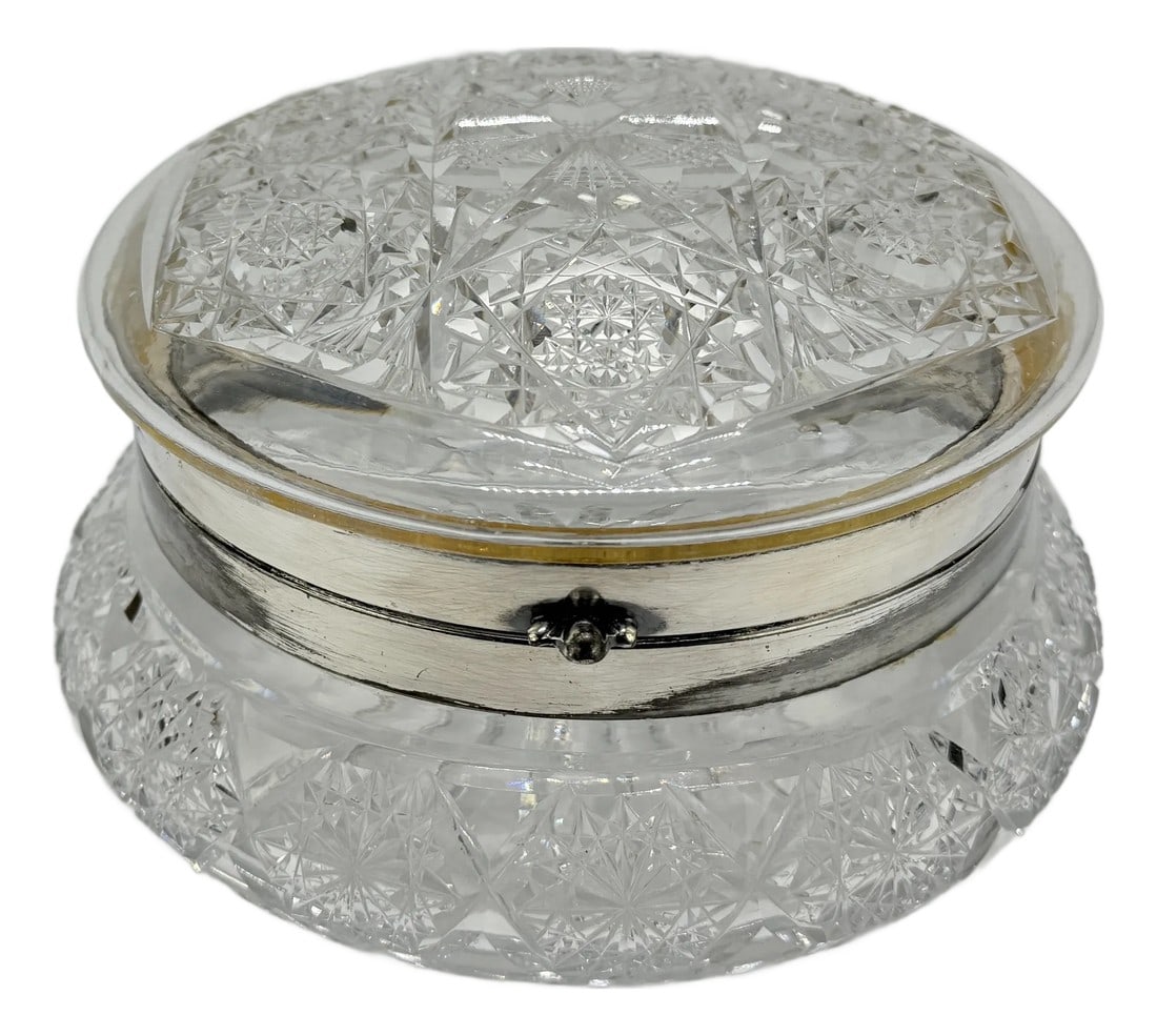 Antique Large Cut Crystal & Silverplate Hinged Vanity or Dresser Box: This is a late 19th to early 20th-century cut crystal and silver-plated vanity or dresser box, characterized by an intricately faceted body and lid. The crystal is expertly cut in a geometric pattern