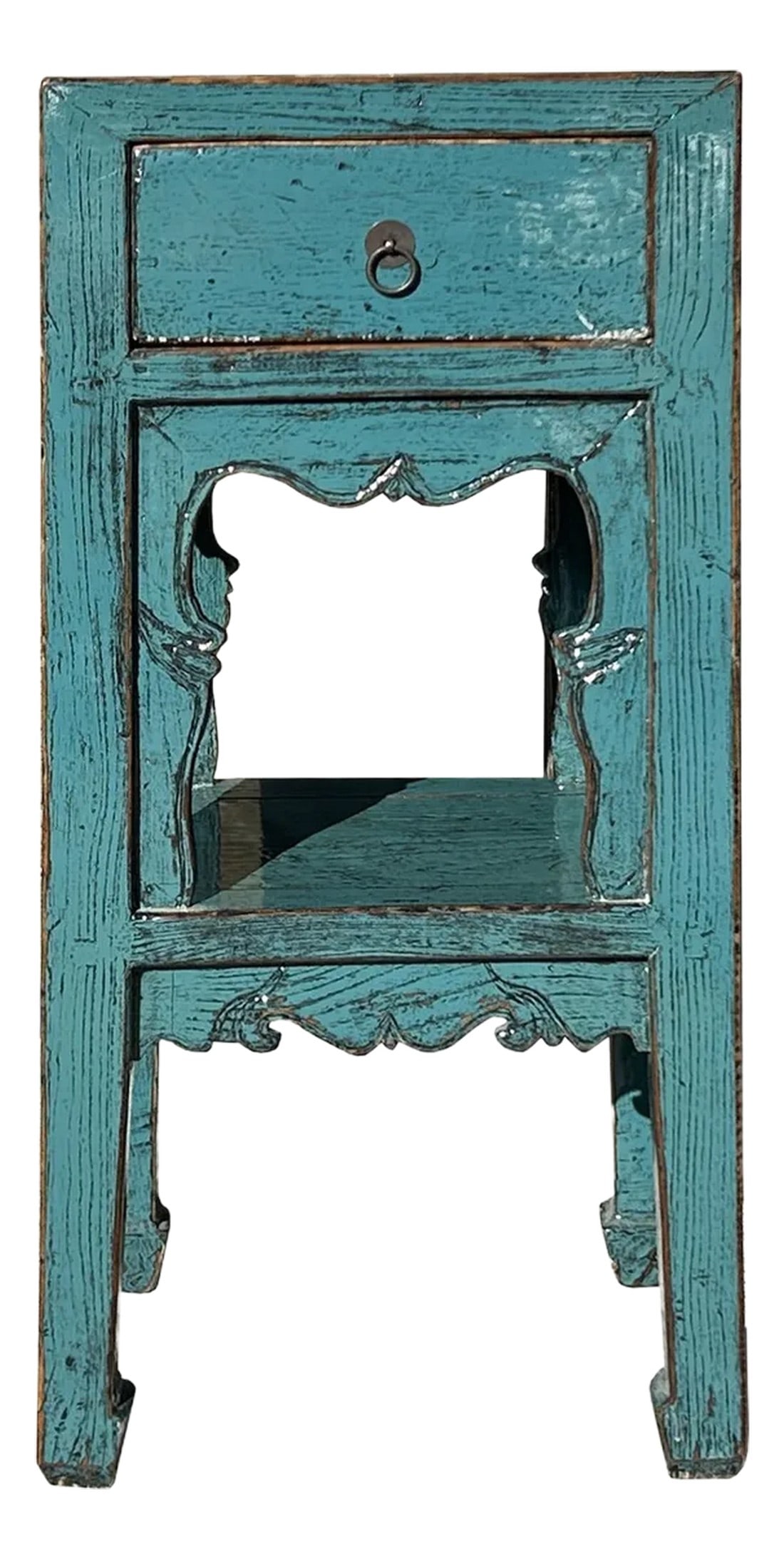 Distressed Gloss Teal Blue Pedestal Stand Side Table Chest: The is a small, vintage side table with a rustic, weathered appearance. The table is painted in a faded turquoise blue, with noticeable distressing that reveals the underlying wood grain, lending it