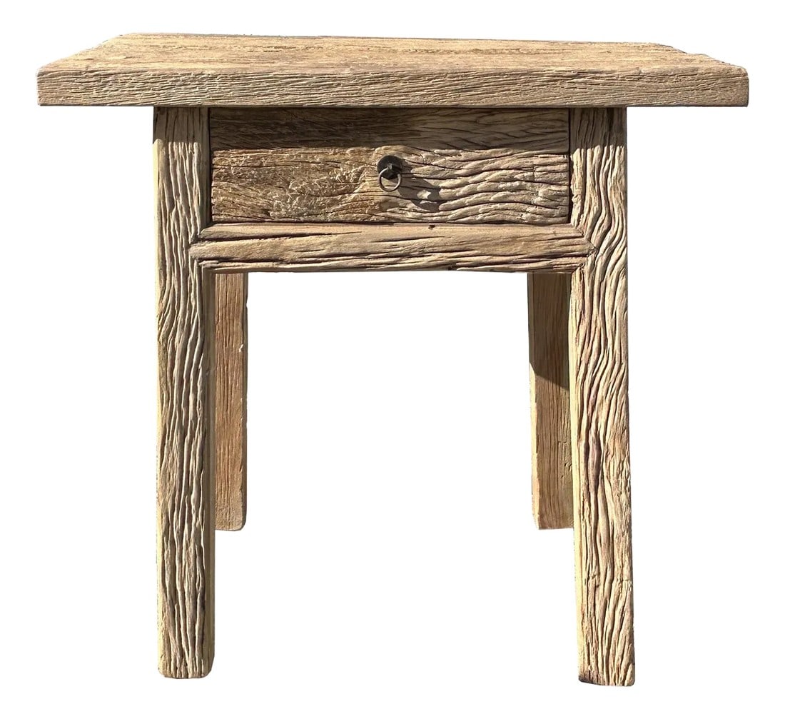 Natural Wood Minimalistic Rough Grain Wood Side Table Pedestal: This is a simple, rustic wooden side table with a minimalist yet weathered design. Crafted from natural wood, the table showcases a light, unfinished grain with visible knots and imperfections, giving