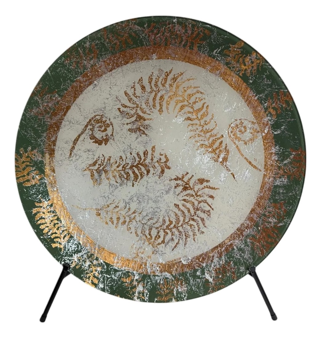 Late 20th Century Tony Evans Painted Art Glass Decorative Plate: Tony Evans Monumental Painted Art Glass Decorative Plate This monumental sized decorative plate by Tony Evans is poised to be a dramatic addition to your space. It comes with a black metal stand with