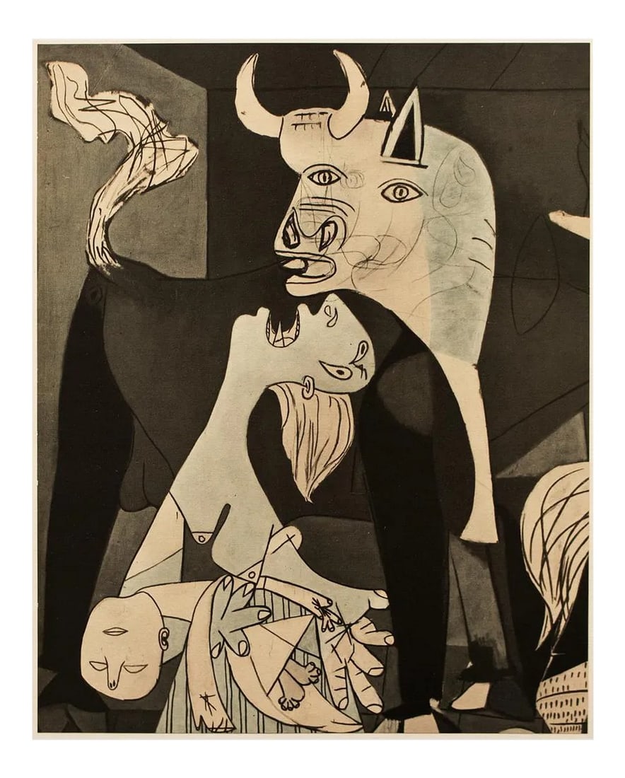 1954 After Pablo Picasso "Guernica. Detail.", Period First Limited Edition Offset Lithograph: An excellent vintage period First Edition offset lithograph, print, after painting "Guernica", depicting a detail of it, by Pablo Picasso. Comes from a rare First Limited Edition folio published in