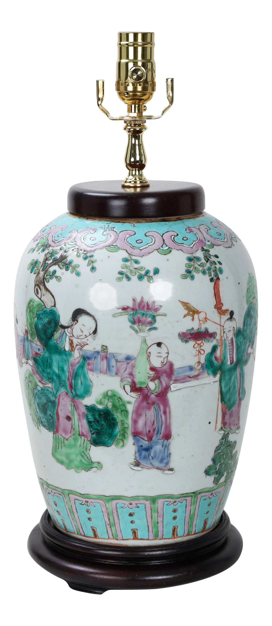 Vintage Famille Rose Scene and Symbols of Prosperity and Happiness Vase Lamp: This Vintage famille rose vase lamp has a detailed painted interior scene of what could be a school, with children also playing on the outside. Symbols of prosperity and happiness feature at the
