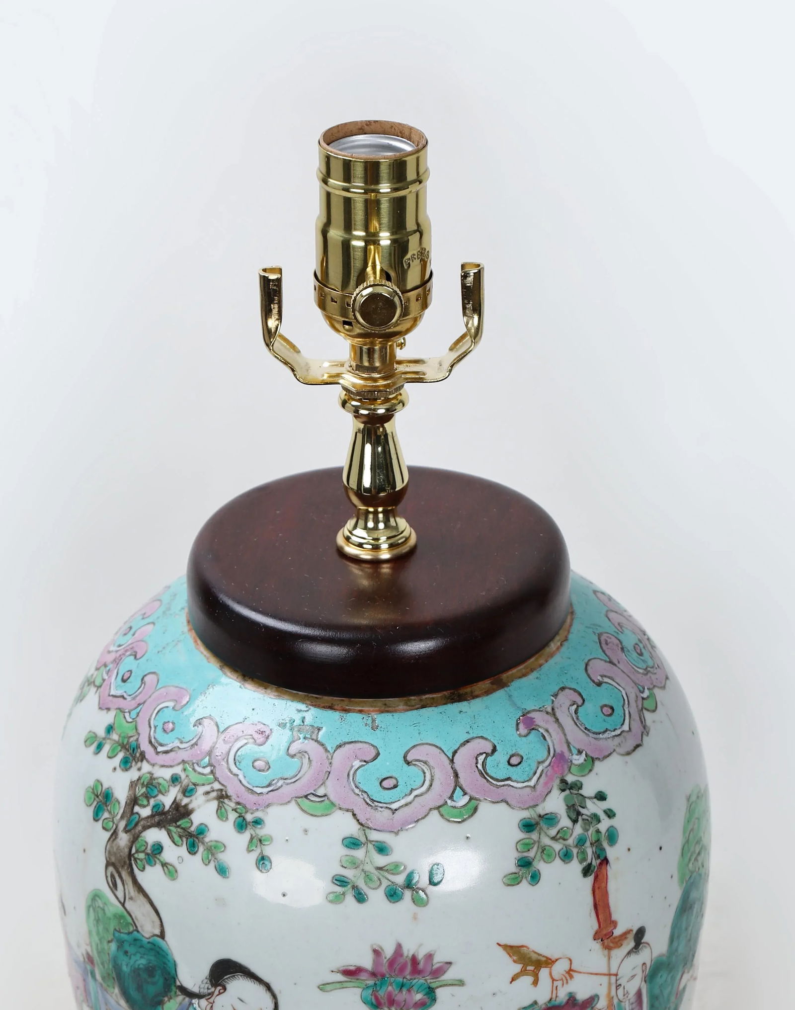 Vintage Famille Rose Scene and Symbols of Prosperity and Happiness Vase Lamp - 4